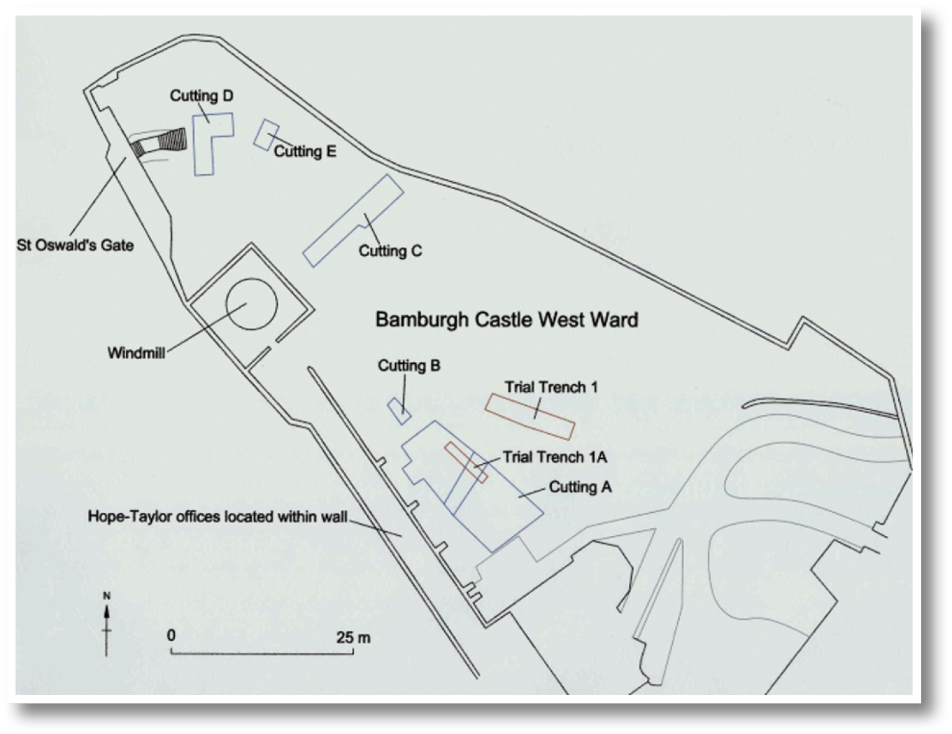 Below The west ward, showing Hope-Tayor’s trenches, according to his recorded measurements. All, bar Cutting E, have been re-excavated and re-recorded by the BRP up to 2007.