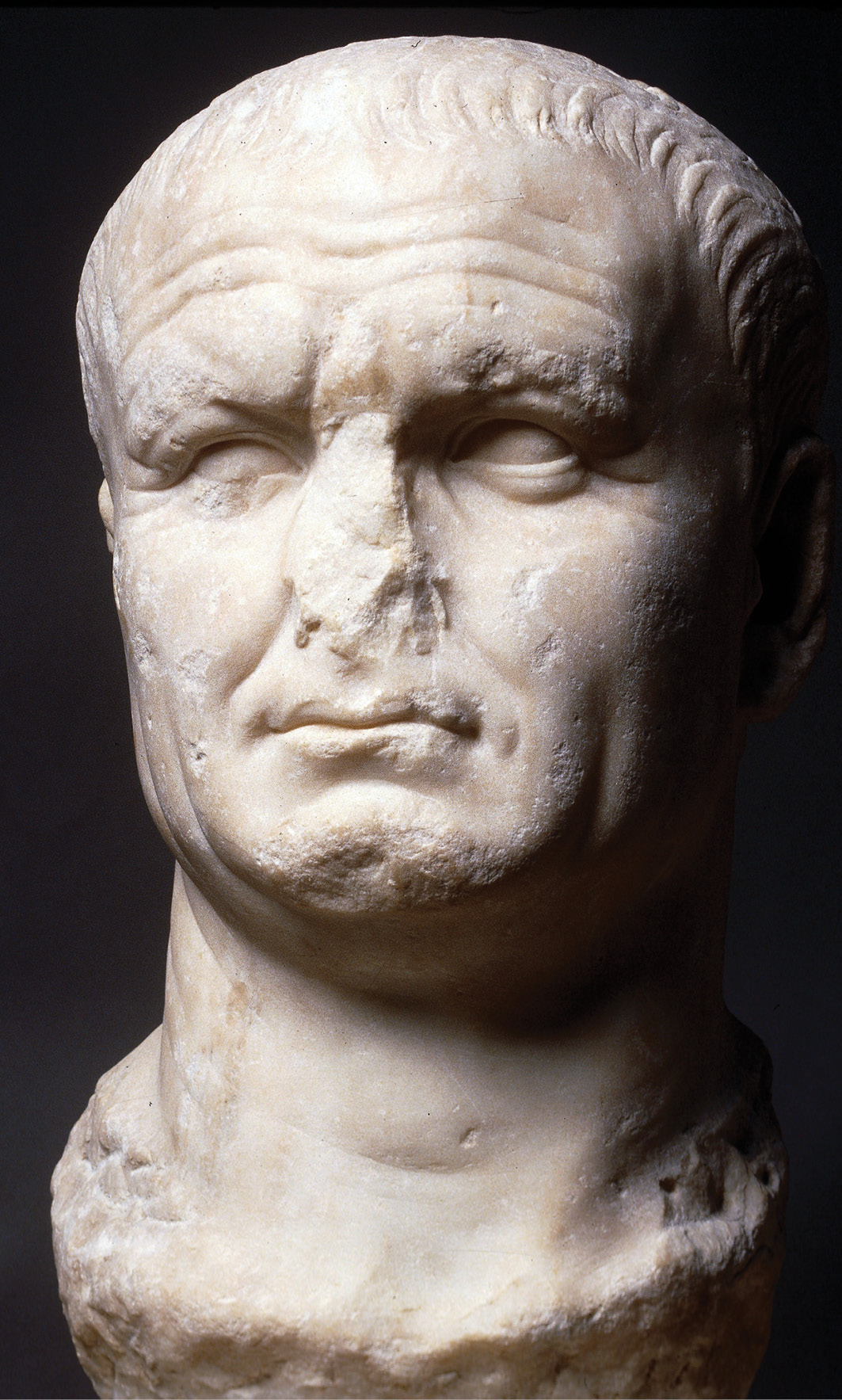 right Portrait head of Vespasian from Carthage, Tunisia, carved from a head of Nero. Marble, AD 70-80. Size: 45.7 x 26 x 23.5cm