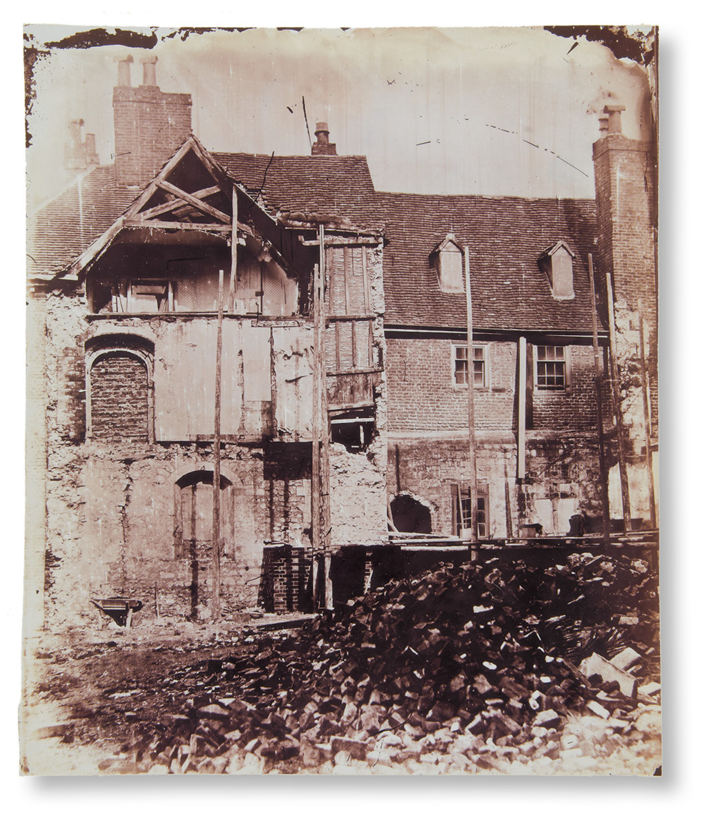 left The ‘King’s Hall’ in the Lower Ward was largely demolished in the late 15th century, but evidence of the original 12th-century chamber block can be seen in this photograph dating from 1859. It was taken during the demolition of a Tudor block called Denton’s Commons, which revealed a wall and two blocked doorways lined with finely finished masonry and part of the scissor-braced roof frame.