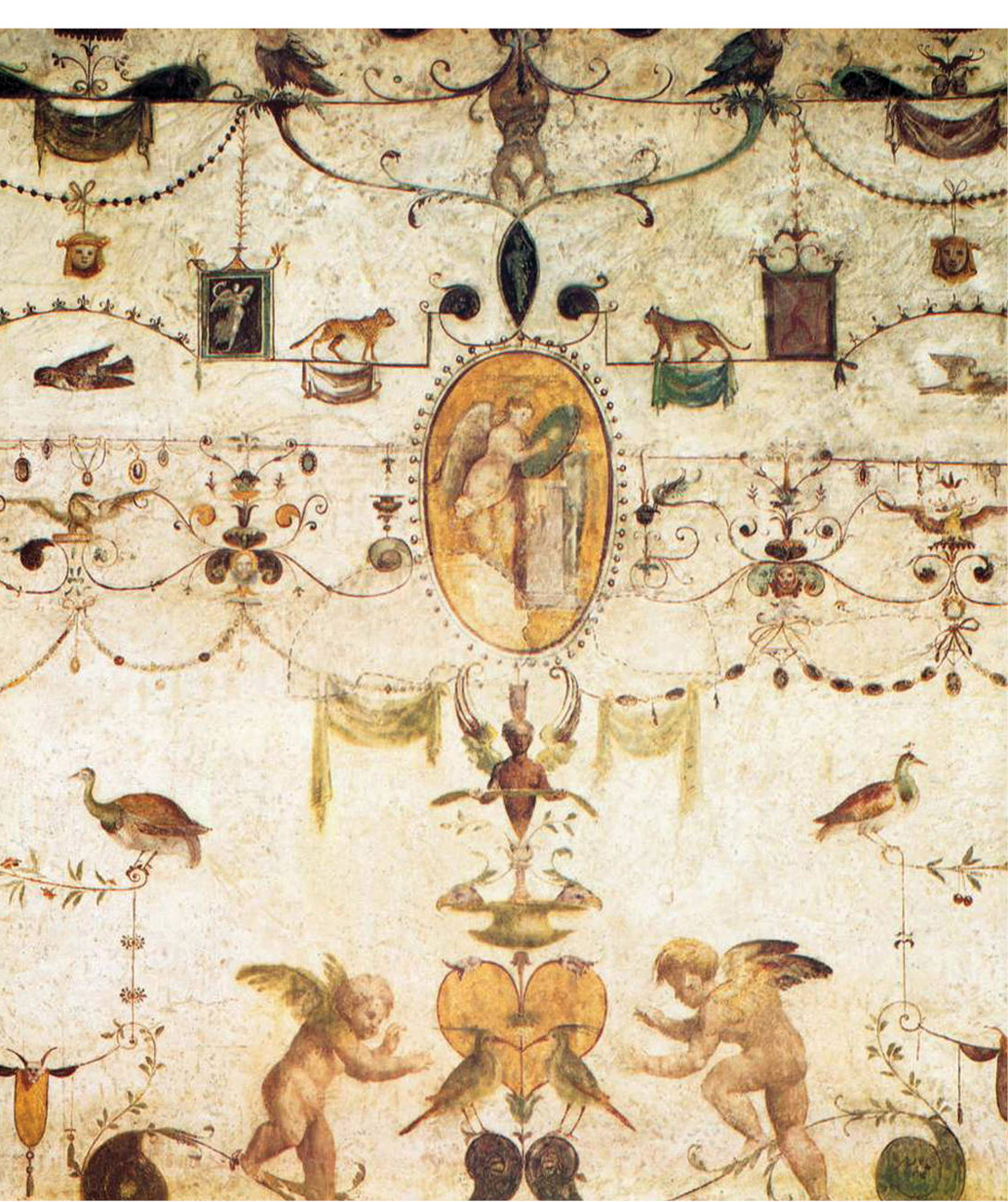 top Raphael’s pupils decorated several Vatican rooms, including the Loggetta of Cardinal Bibbiena, after his designs inspired by ancient painting. They show fanciful grotesque designs, as well as scenes from the life of Apollo. above Fresco decoration painted in 1516-1517, by Giovanni da Udine, one of Raphael’s pupils, in the Loggetta.
