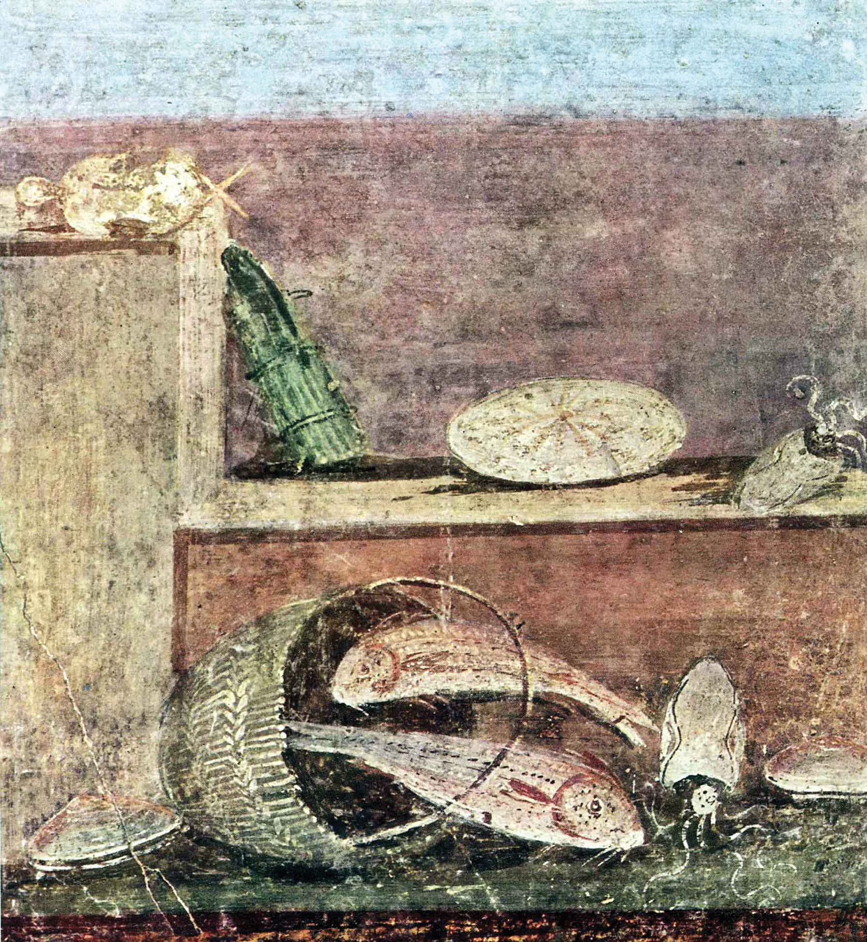 above A wall painting from Pompeii, depicting a bundle of asparagus on a bench, with a range of other culinary delights.