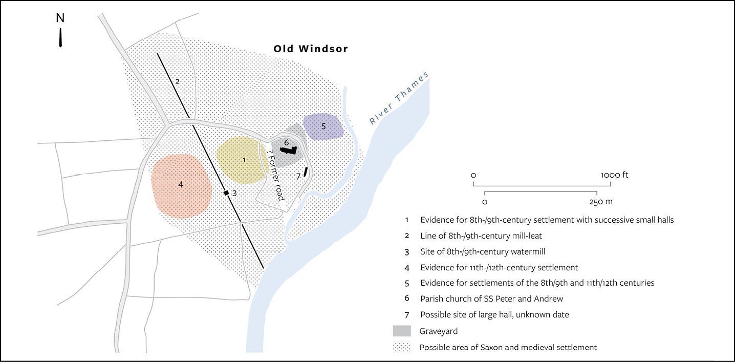 below Old Windsor, showing the main features found during the excavations of 1954-1955 and 1957-1958.