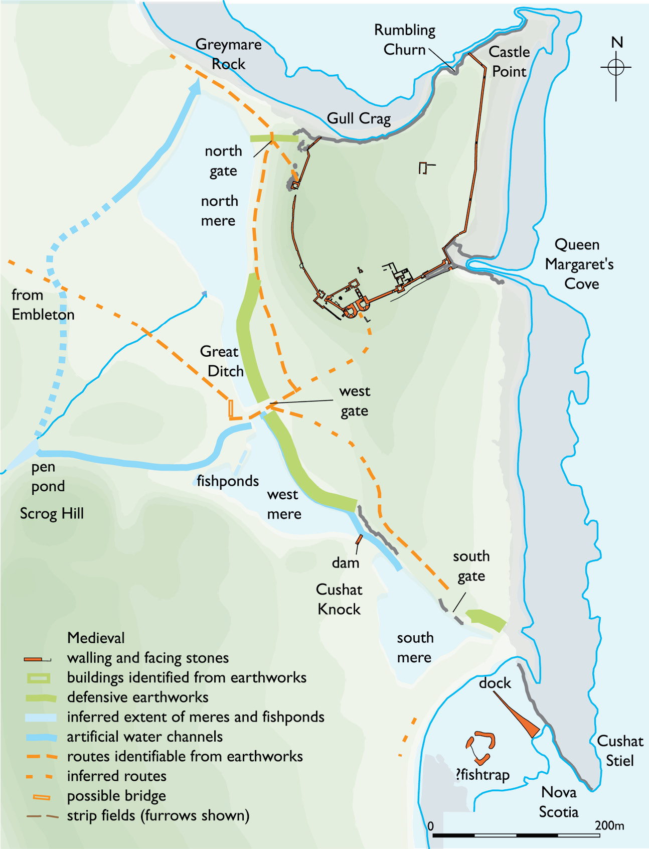 above An English Heritage survey of 2006, carried out by Alastair Oswald, revealed that the western approach to the castle at Dunstanburgh was marked by a line of spring-fed meres that enhanced the aesthetic effect.