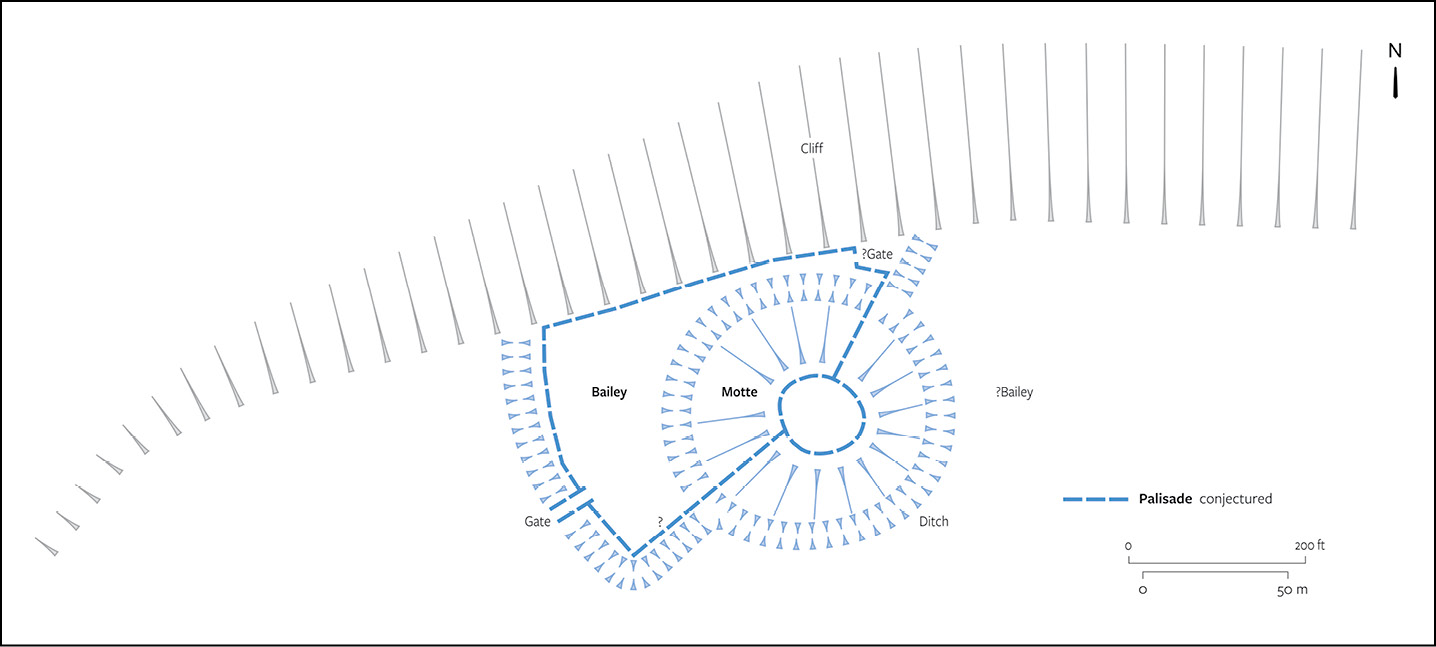 left Conjectural plan of the original castle, c.1086. below A reconstruction of the first motte-and-bailey castle, as it may have looked in the 1080s.