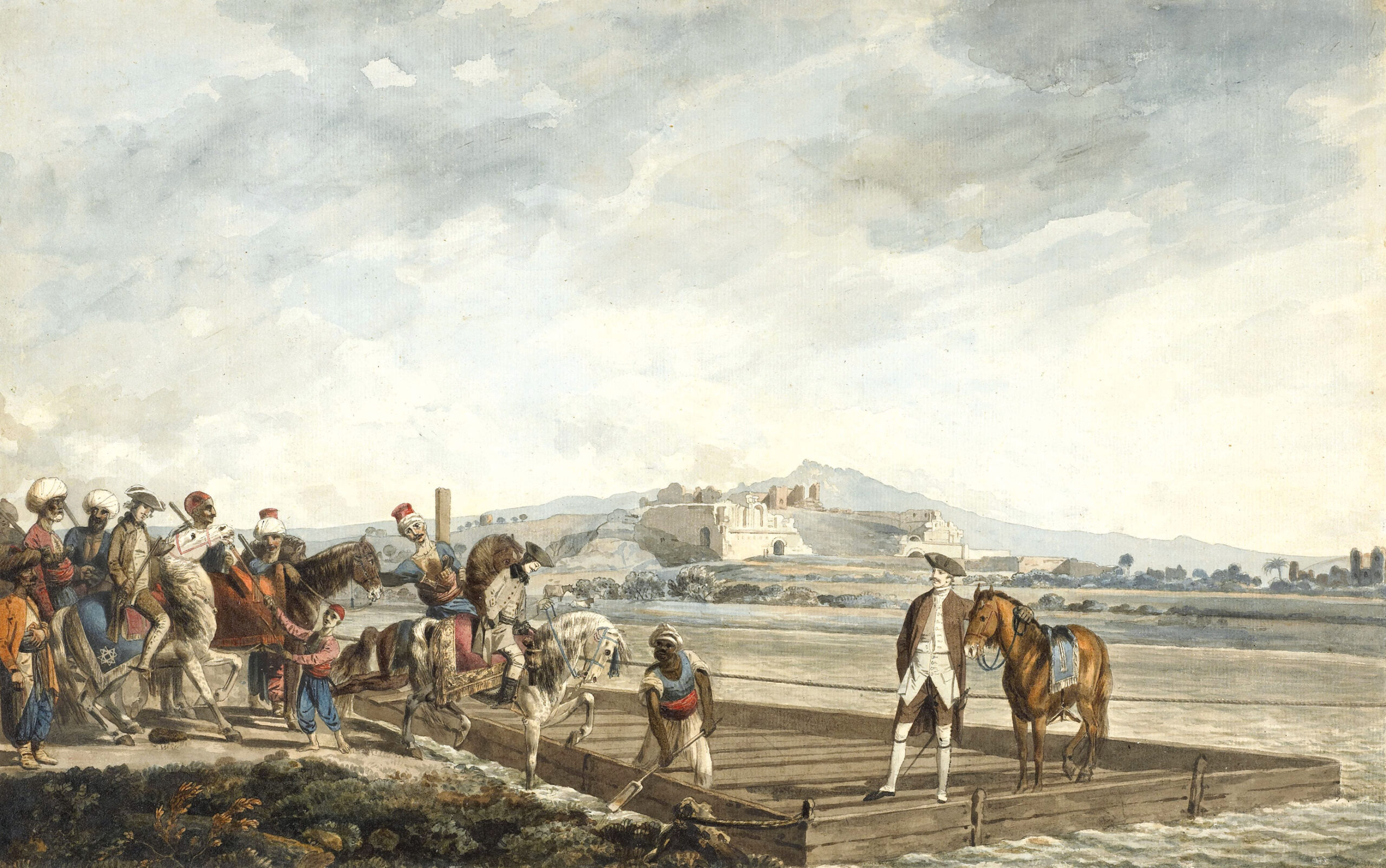ABOVE The theatre at Miletus with the travellers crossing the river in a ferry, October 1764. Pen and black ink with watercolour and gum arabic. Size: 296 x