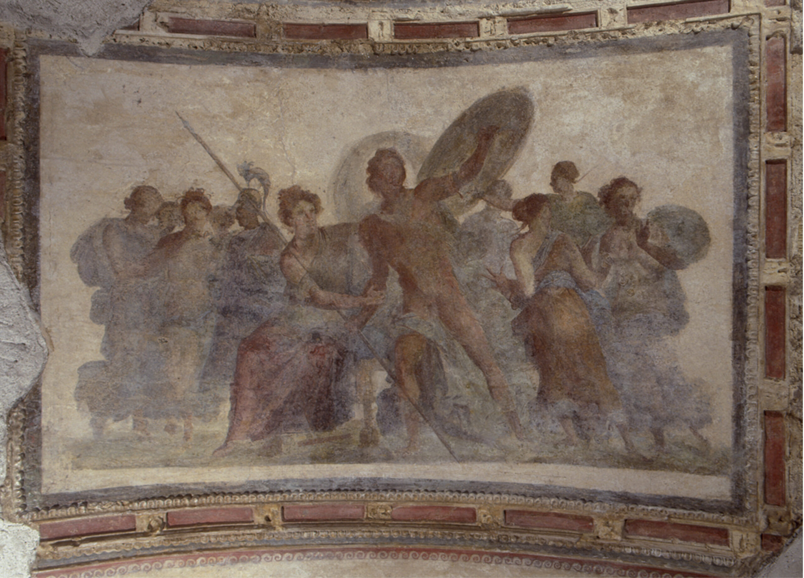 both pages The hall of Achilles at Skyros: the central ceiling panel depicts Achilles with shield and spear in hand, surrounded by the daughters of Lycomedes, ruler of Skyros. In this scene, Achilles who had been in hiding, disguised as a girl has just revealed his true identity to Odysseus. At the north face of the room, the remnants of a tile arch can still be seen. Below the arch is ‘the conch’, so named for its resemblance to a shell. Decorative frames and details abound.