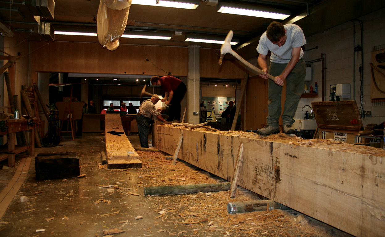 above Crafting the keel plank. Forming the lowest part of the hull, this was carved from two halves of a single trunk.