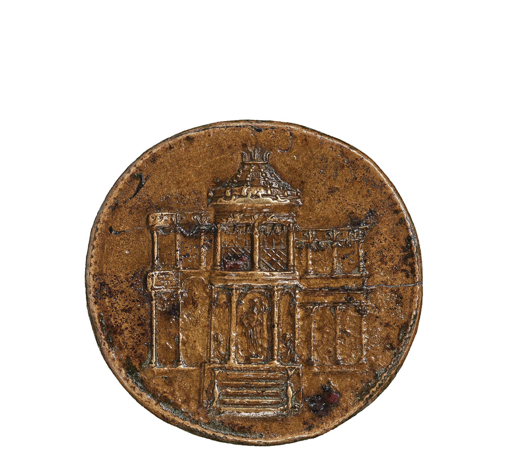 above left Dupondius minted in Rome, showing the great market, the Macellum Magnum. Copper alloy, AD 63. Size: 17.7g in