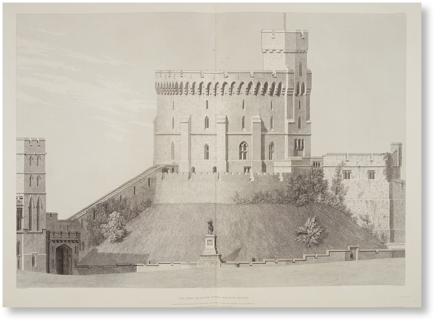 left The Round Tower, as drawn by Benjamin Baud and engraved by William Starling for Ashton and Wyatville’s Illustrations of Windsor Castle (1841). Subtle alterations to the Round Tower carried out by Wyatville in the 1820s made the shell keep taller, doubling its height and making it a central feature of the castle’s skyline.
