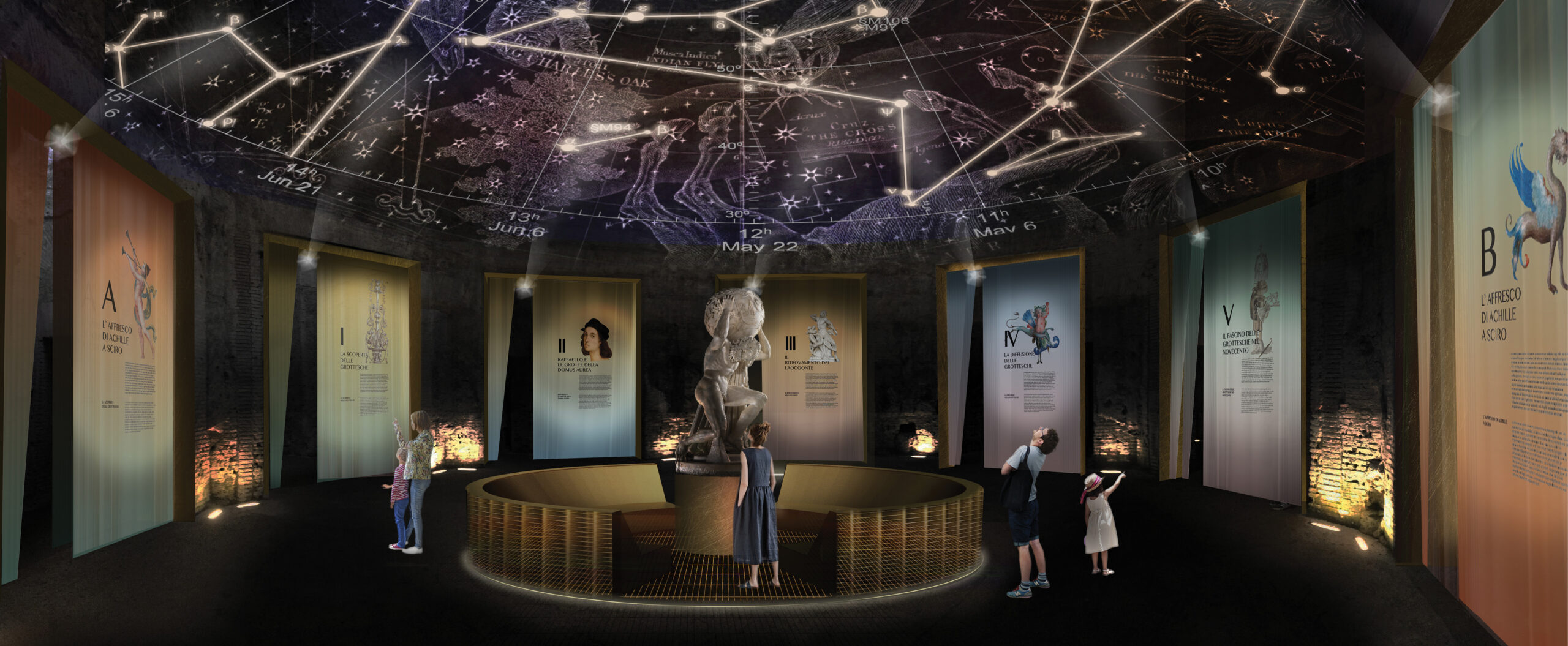 far left The Octagonal Hall today. below & left Digital renderings from the exhibition: the Octagonal Hall in the Domus Aurea, with a map of the night sky showing astrological signs, and the second lateral room opening on to the Octagonal Hall.
