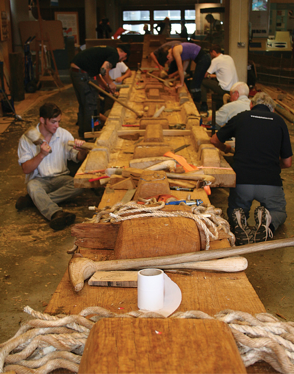 Left & BeLOW Some of the project’s army of volunteers, cutting the system of cleats and transverse timbers that would hold the Morgawr’s keel together.