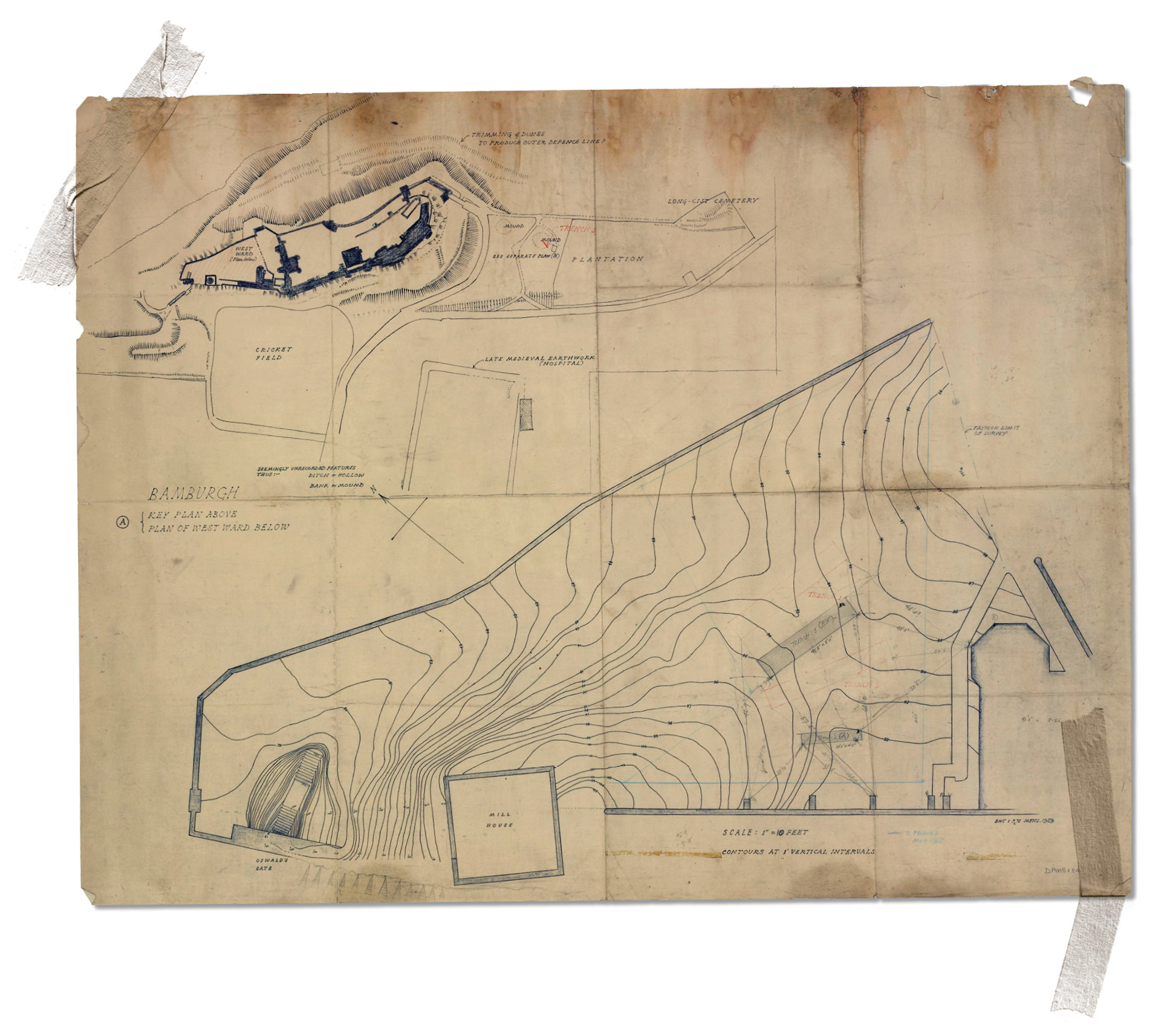 right Hope-Taylor’s drawing of the trenches excavated in the west ward.