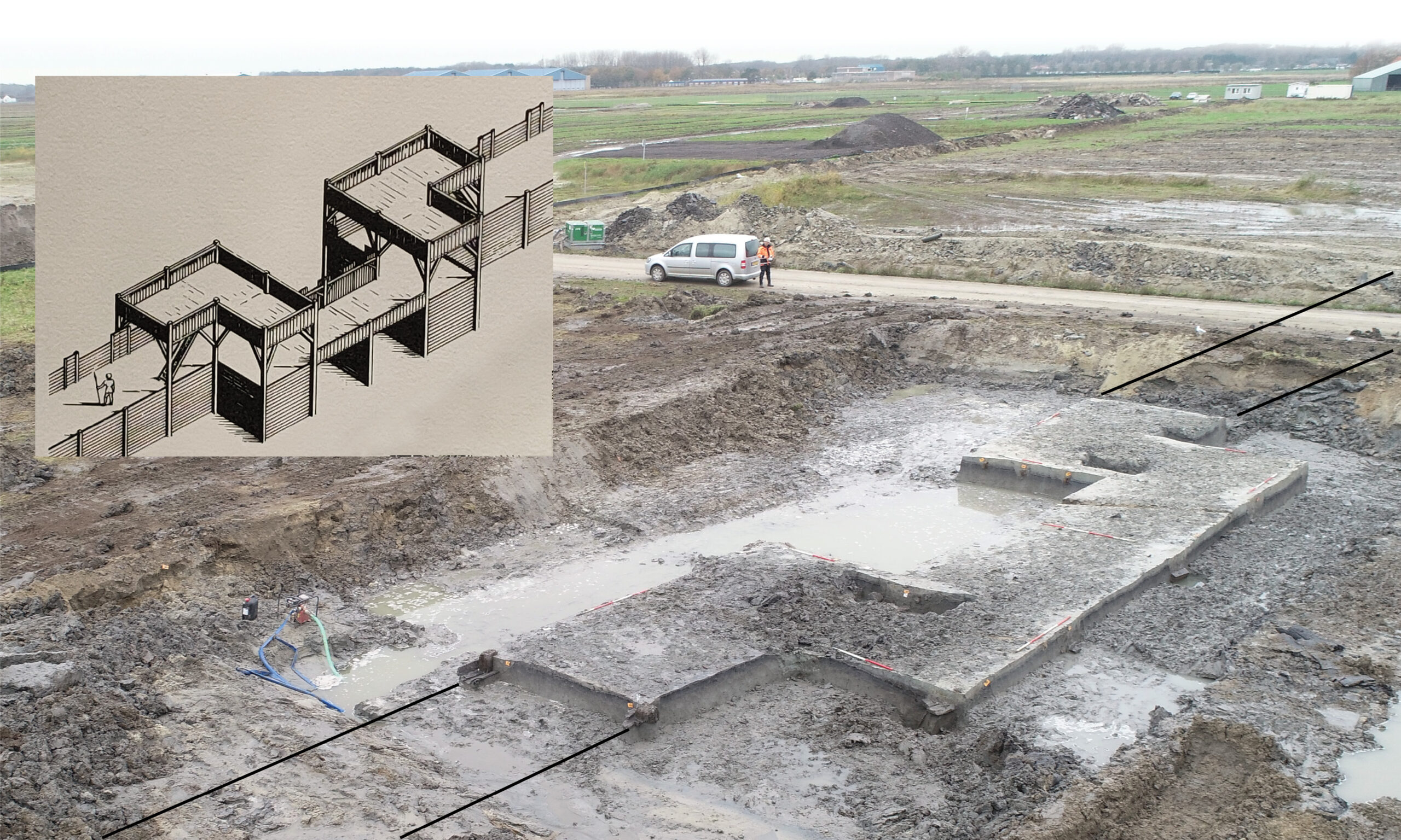 left A Roman legionary fortress has been detected near the renowned auxiliary fort at Valkenburg. Uncovering the remains of the fortress gateway was a key factor in proving the existence of a previously unsuspected military site. The inset reconstruction drawing provides a sense of how this timber gateway would once have looked.