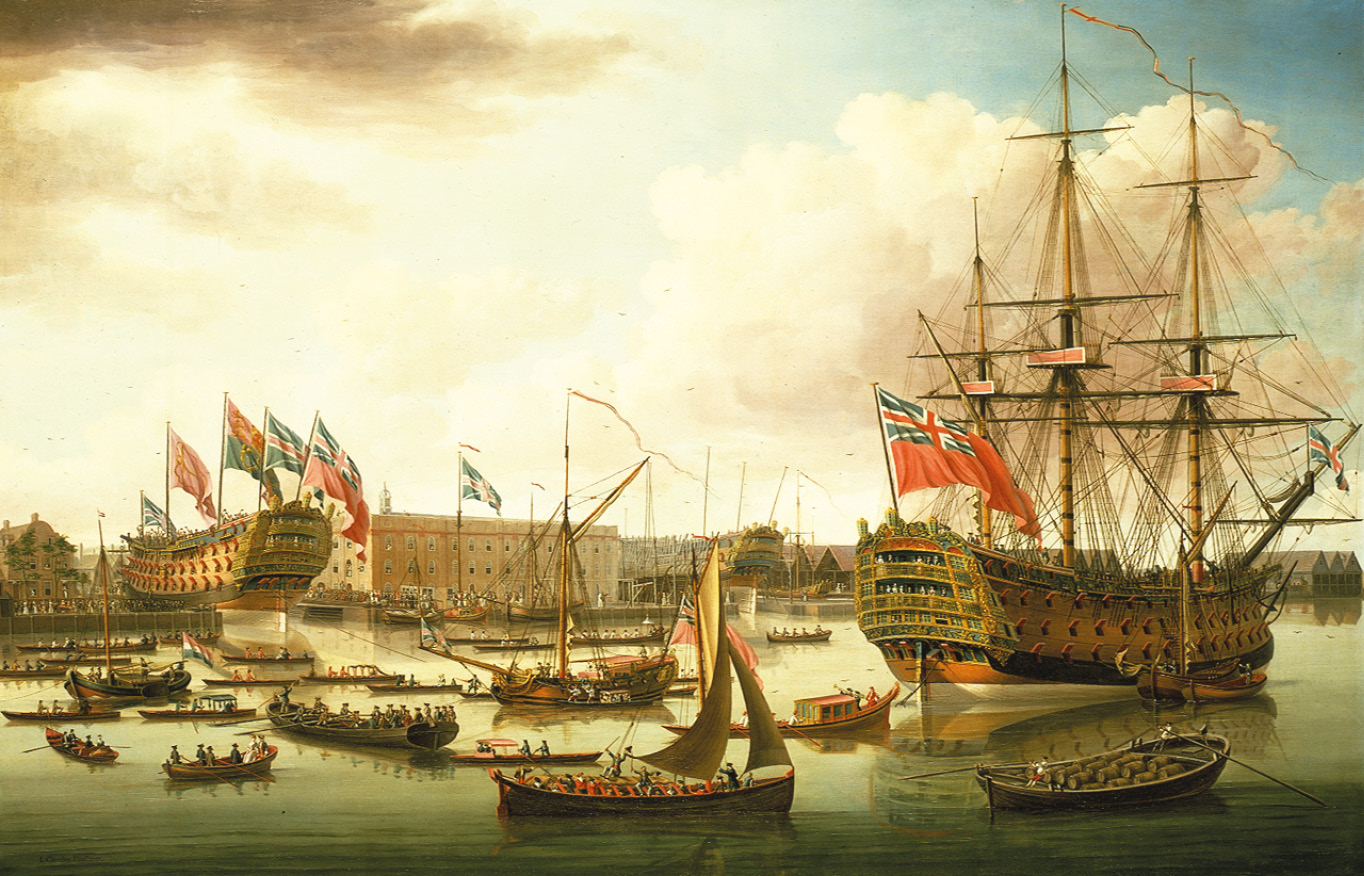 Below The Cambridge is launched while the men of the Royal George look on. The picture, painted in 1757, is in fact a composite of two separate events, but it illustrates well enough the vast industrial and commercial effort that lay behind British sea-power during the 18th century.