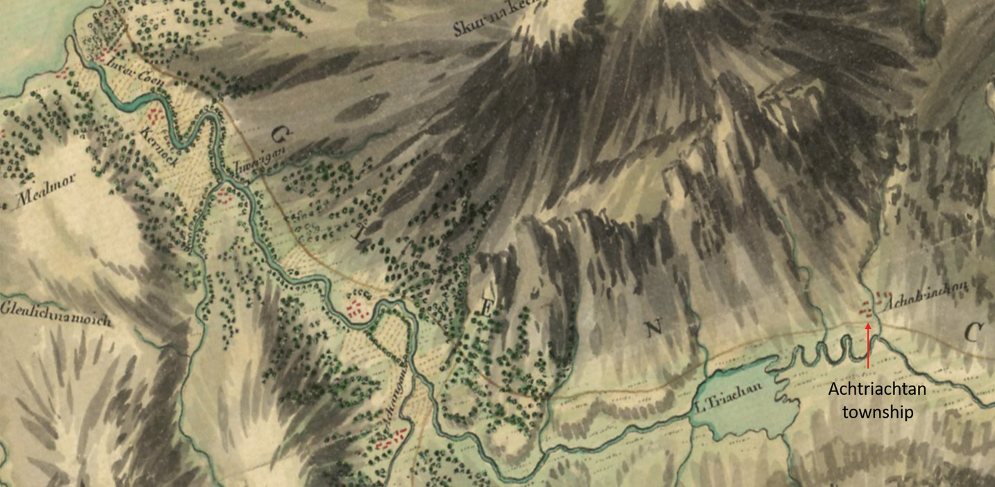 LEFT This image shows part of the earliest detailed map of Glencoe, a military survey undertaken by General William Roy between 1747 and 1755. Achtriachtan can be seen on the far right side.