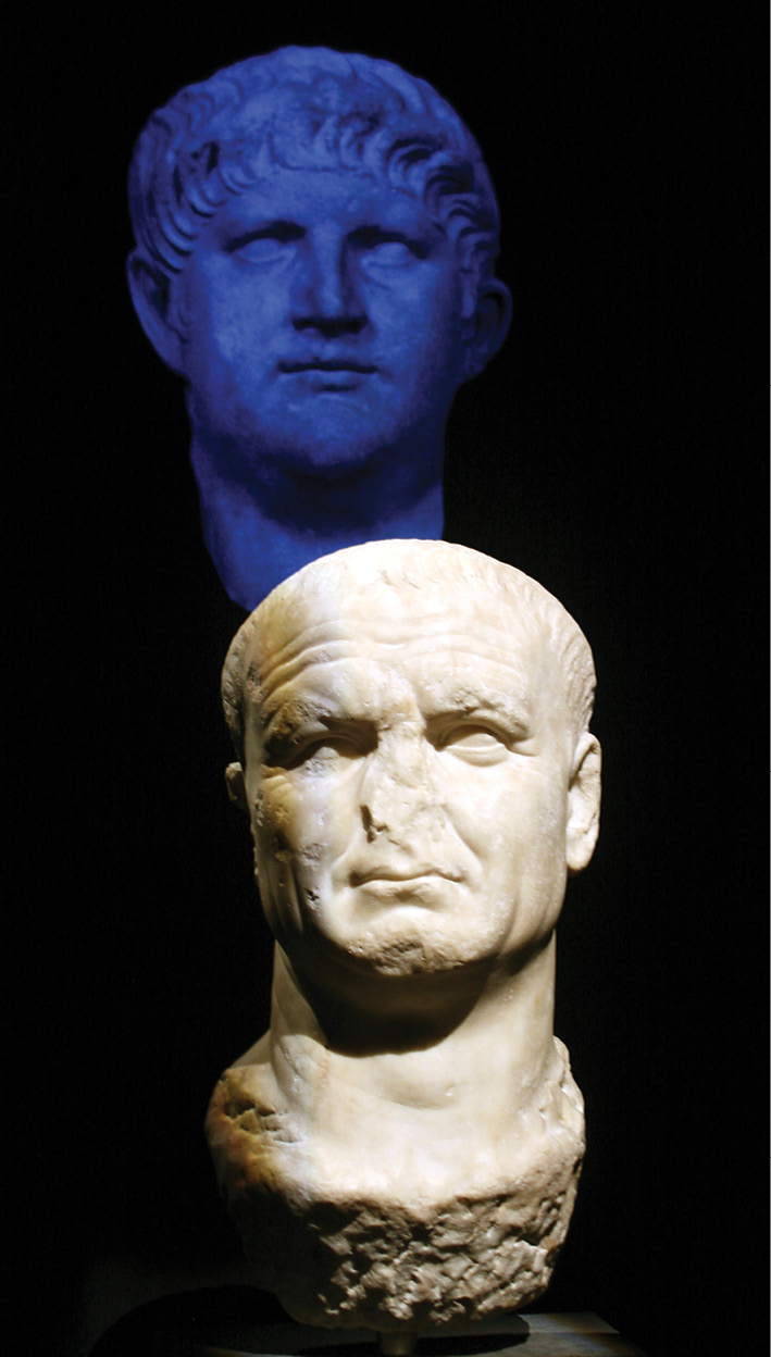BELOW Meet the new boss... Vespasian would emerge as emperor following the bloody bout of civil war ignited by Nero’s suicide. This rendering of the victor, though, bears some familiar features. Vespasian’s head was carved out of an earlier sculpture of Nero, similar to that seen in blue above, with the earlier emperor’s eyes and even on the back of the neck a few locks of his hair still identifiable.