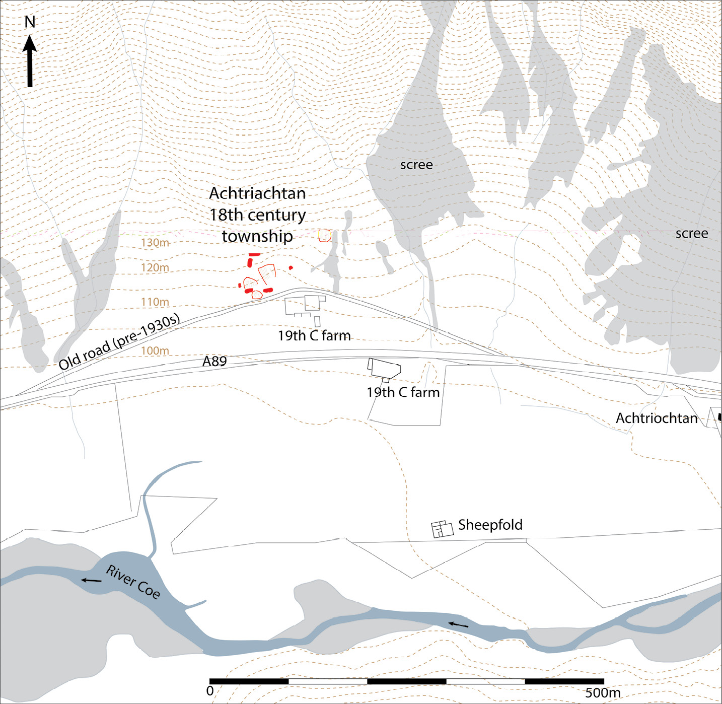 BELOW This plan shows archaeological features associated with the 18th-century Achtriachtan township, which was located north of the old road. These features include five structures, a kiln, and four enclosures. To the south, structures associated with 19th-century sheep farming can be seen; their ruins are still clearly visible to anyone driving through the glen today.