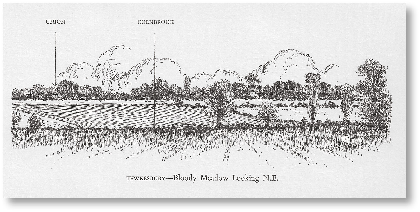 LEFT One of Burne’s panoramas, in this case showing the ‘Bloody Meadow’ at Tewkesbury, 4 May 1471, where the Lancastrian rout turned into massacre as a dense mass of panic-stricken men waded through boggy ground.