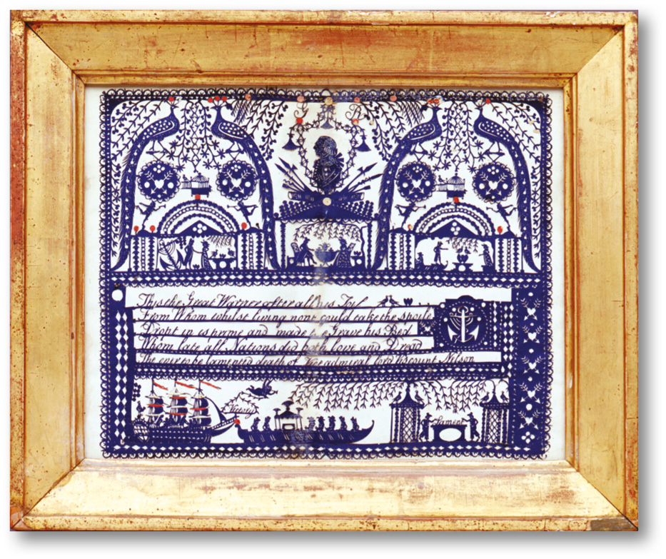 Above A paper-cut picture commemorating Vice-Admiral Horatio Nelson, c.1806. The inscription reads: ‘This the Great Warrier [sic] after all his Toil / From Whom whilst living none could take the spoile / Dropt in his prime and made the Grave his Bed / Whom late all Nations did both love and Dread / The ever to be lamented death of Vice admiral lord viscount Nelson.’ The bottom tier shows Nelson falling wounded on the deck of his flagship, his funeral barge, and two seamen on either side of an altar with the word ‘Lament’ on the top. A flying cherub with a
