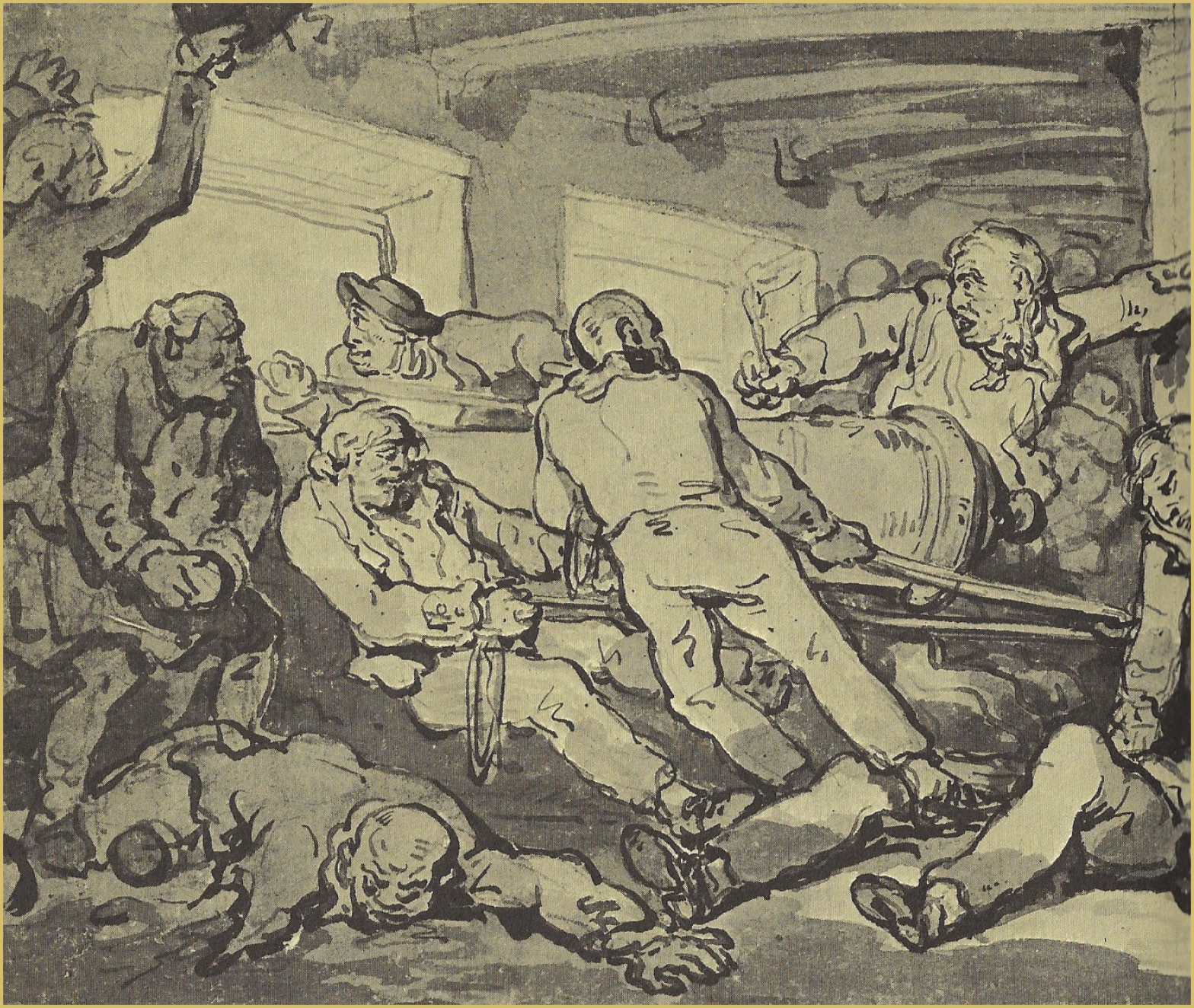 LEFT & ABOVE These images, one a contemporary sketch, the other two life-size waxwork models, offer a vivid impression of the combat experience for the majority of men in both fleets, working the cannon in the gloomy, crowded spaces of the gun- decks, filled with smoke, ear-splitting noise, and lethal danger from round-shot.