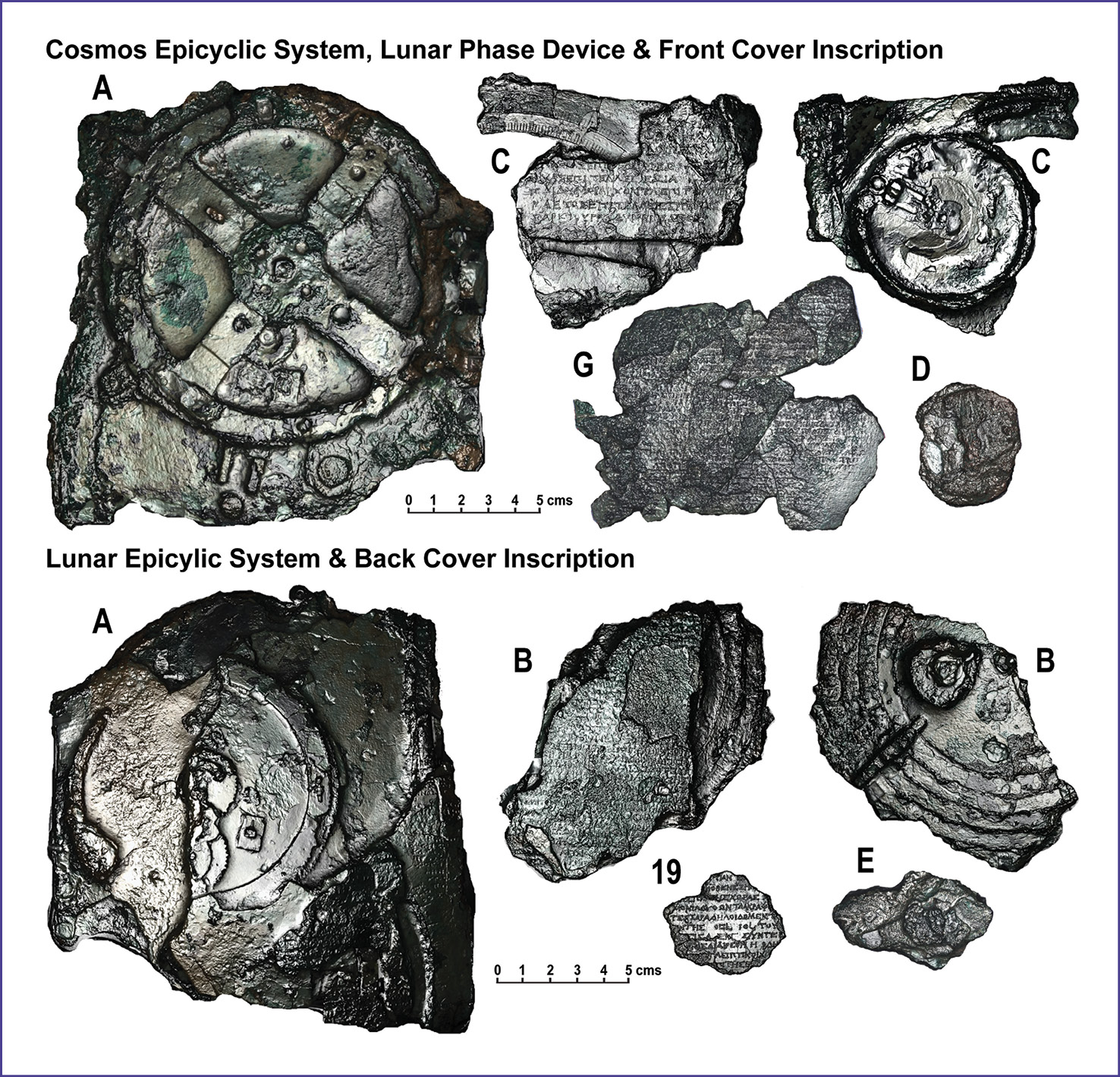 LEFT Surviving fragments of the Antikythera Mechanism that are particularly relevant for this study. These are imaged using Polynomial Texture Mapping (PTM a digital imaging technique) with specular enhancement. The letters refer to the official fragment designations, so the front and back of Fragment A are shown to the left.