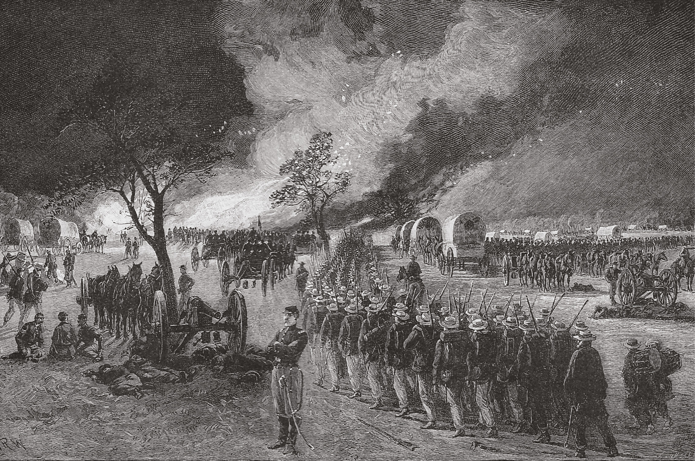 ABOVE McClellan’s retreat from the Chickahominy River. The Confederates, outnumbered two to one, were falling back and on the brink of losing Richmond until Lee counter-attacked and McClellan went to pieces.