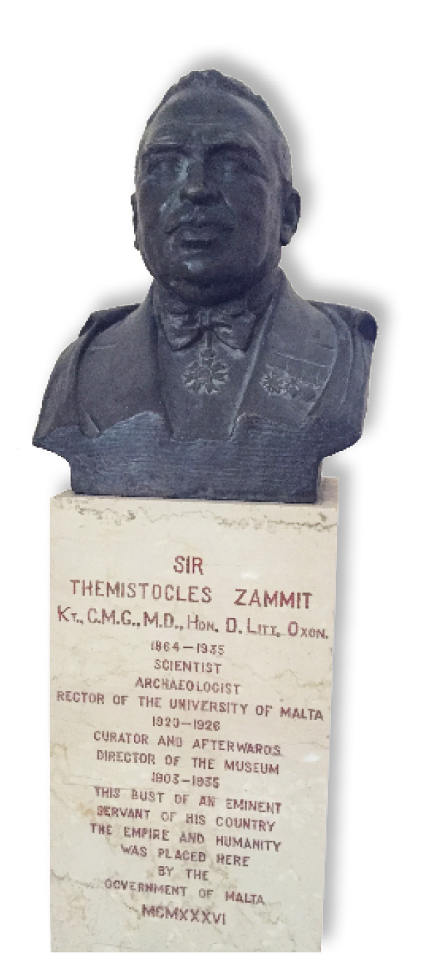 left Bust of Sir Themistocles Zammit, whose extraordinary archaeological legacy lives on in Malta. above Megalithic carvings in the National Archaeology Museum. right Megalithic sculpture of well-fed folk, also on display at the National Archaeology Museum.