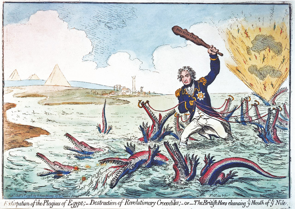 Below left Extirpation of the Plagues of Egypt; Destruction of Revolutionary Crocodiles; or The British Hero cleansing ye mouth of ye Nile by James Gillray, 1798. This is a simple but effective celebration of Nelson’s resounding victory over the French fleet at the Battle of the Nile on 1 August 1798. A colossal Nelson stands in the mouth of the river capturing and culling tri-coloured crocodiles. The biblical plagues of Egypt of the title are transformed into crocodiles, which stand in turn for the French ships taken or destroyed during the battle: one with flames issuing from its jaws evidently represents L’Orient, whose dramatic explosion was the focus of many contemporary paintings and prints of the battle. This print shows Nelson, in line with contemporary newspaper reports, as the unqualified British hero, a