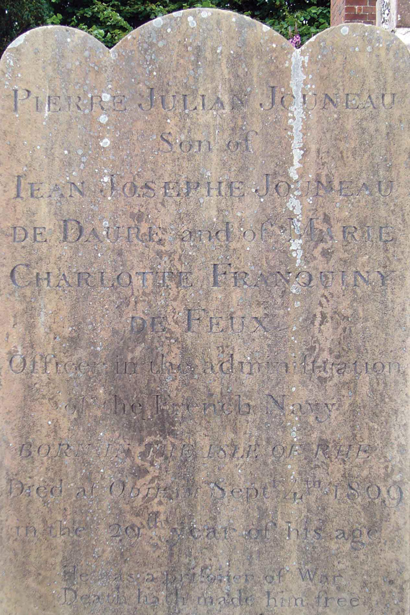 above Gravestones in All Saints Church, Odiham, Hampshire, record the names of French prisoners of war who, being officers, were allowed to live in the town rather than aboard a prison ship.
