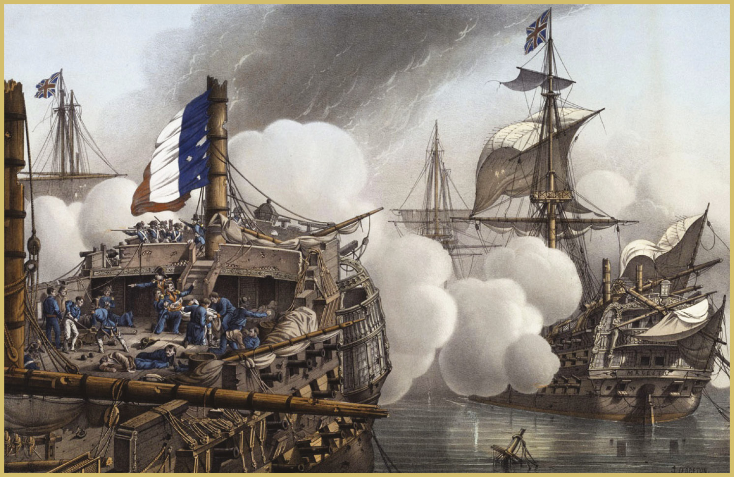 BELOW Close-quarters action in the age of fighting sail. The Battle of Trafalgar broke up into a series of separate duels, each largely cut off from the rest of the action, the ships either locked together by fallen rigging or drifting at a speed of barely a mile an hour. The firing, at point-blank range, might continue for an hour or more before a French or Spanish vessel struck its colours.