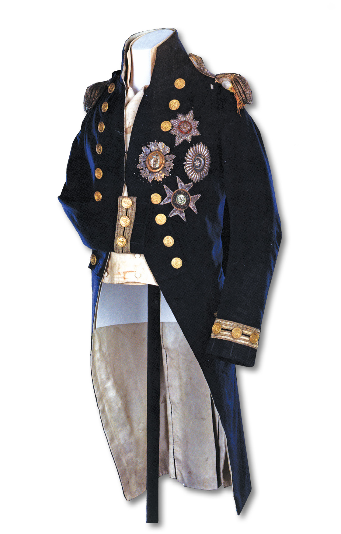 Below Nelson’s coat, showing the musket-ball hole in the left shoulder and the torn epaulette.