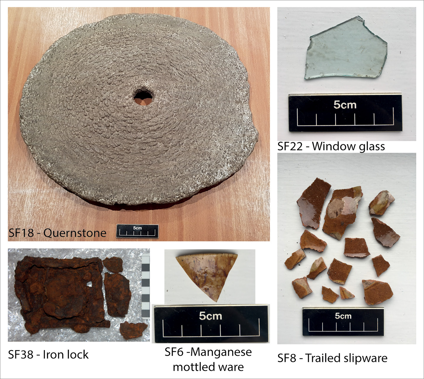 LEFT Some of the artefacts recovered from Structure 1: a quernstone, an iron lock, and fragments of pottery and window glass.