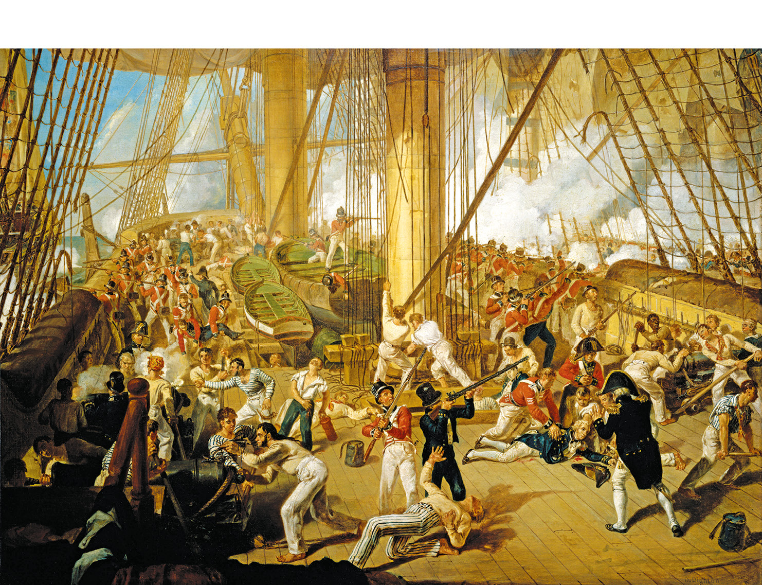 Right Close-quarters fighting meant that men on the upper deck were vulnerable to cannon and musket shot from opposing ships. Nelson’s secretary was cut in half by round-shot. Some time later the admiral was hit by musket fire from the topsails. In this famous image, Nelson is shown wounded in the shoulder but also sprawled in the blood of his secretary, staining his breeches and stockings. Note the marines firing from deck to deck, and the group in the foreground