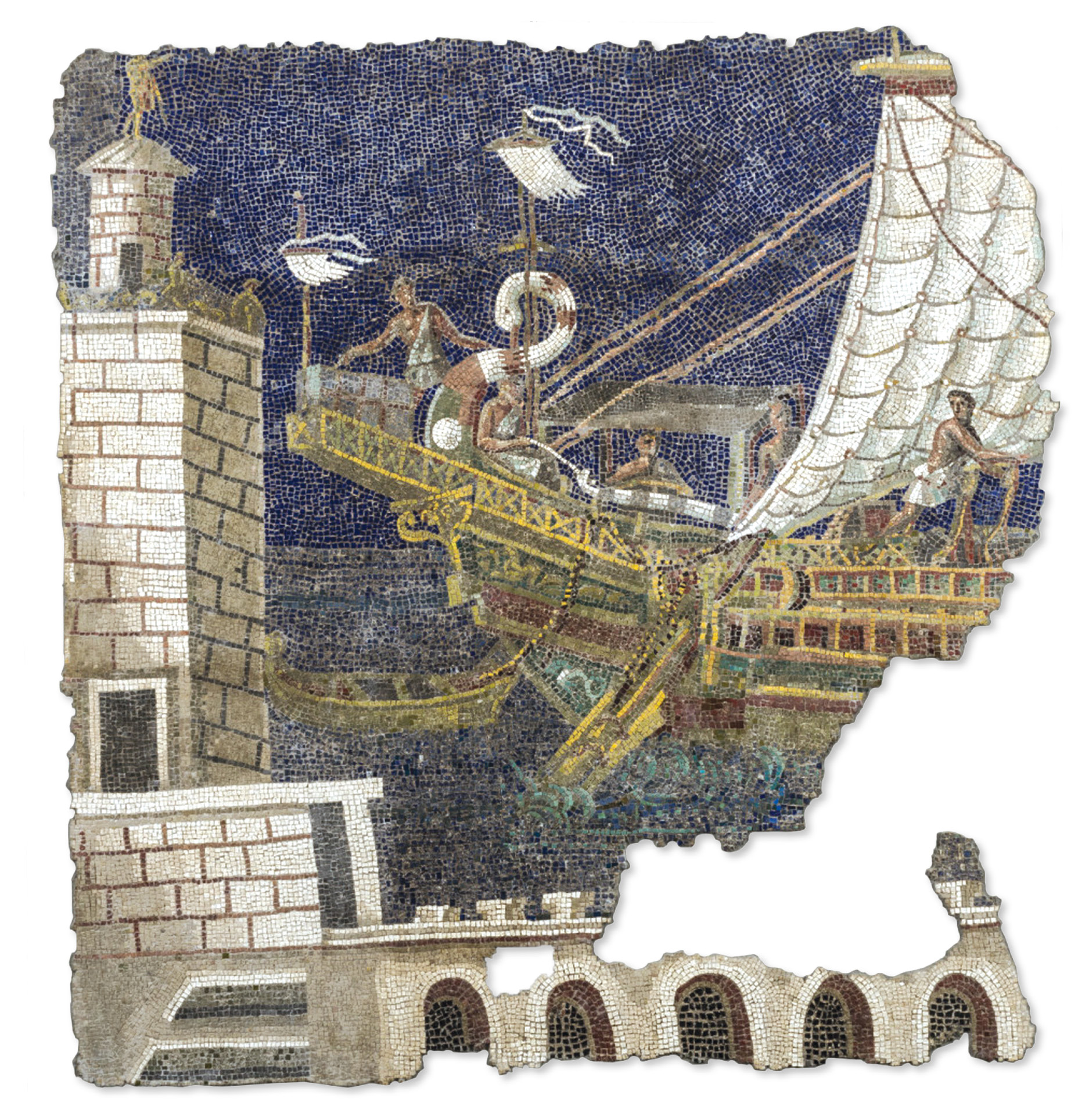 OPPOSITE Polychrome wall mosaic showing a harbour and ship, found in the garden of Palazzo Rospigliosi-Pallavicini in 1876, during construction work on Rome’s Via Nazionale. Late 2nd / early 3rd century
