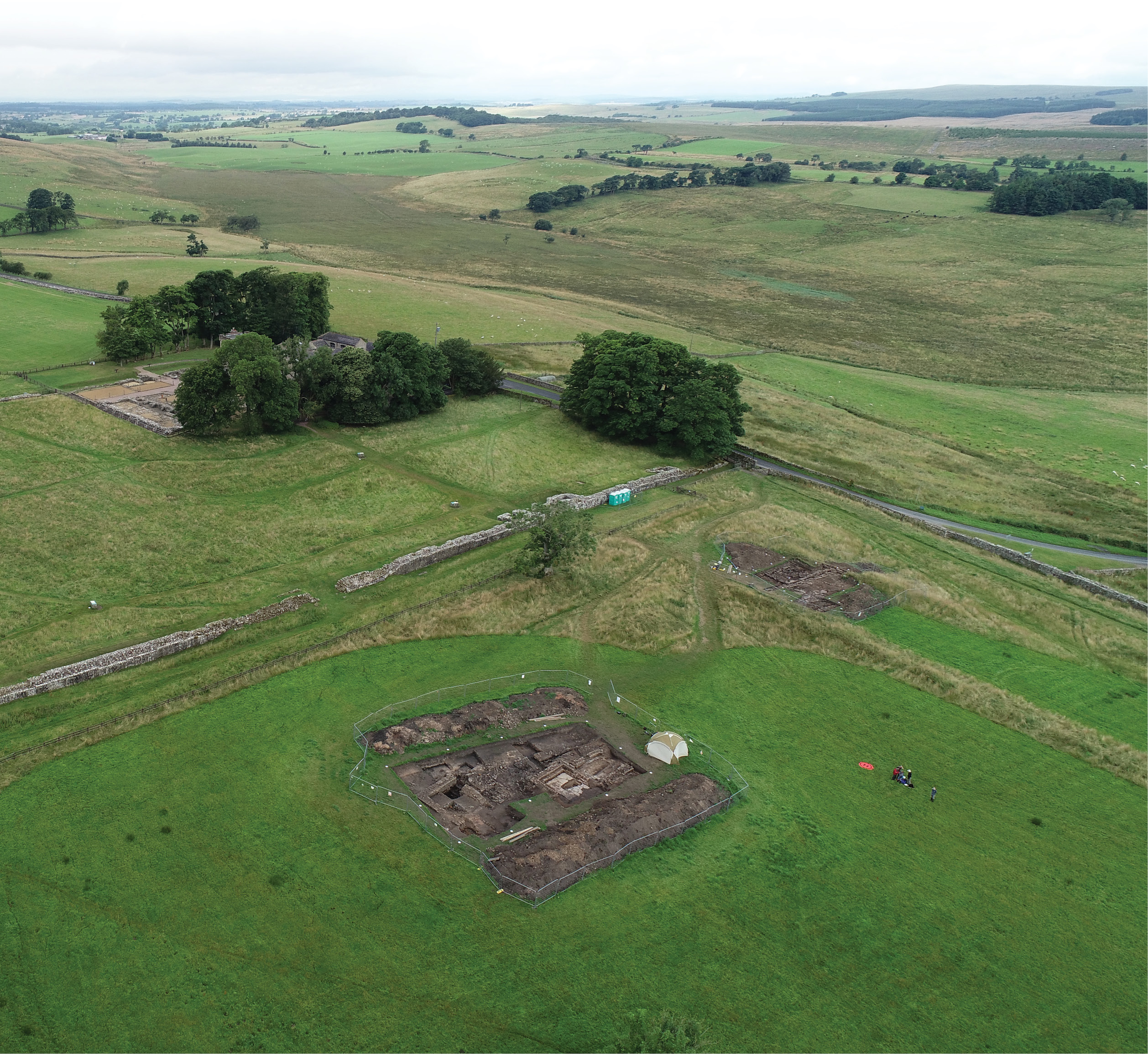 OPPOSITE Overlooking the recent excavations outside Birdoswald Roman fort. The two trenches shown here were located to explore the area outside the fort walls, while a third was opened just on the north side of Hadrian’s Wall. The larger Trench A revealed the remains of monumental buildings, while Trench B contained the outline of what is thought to have been a strip house associated with the road leading north out of the fort.