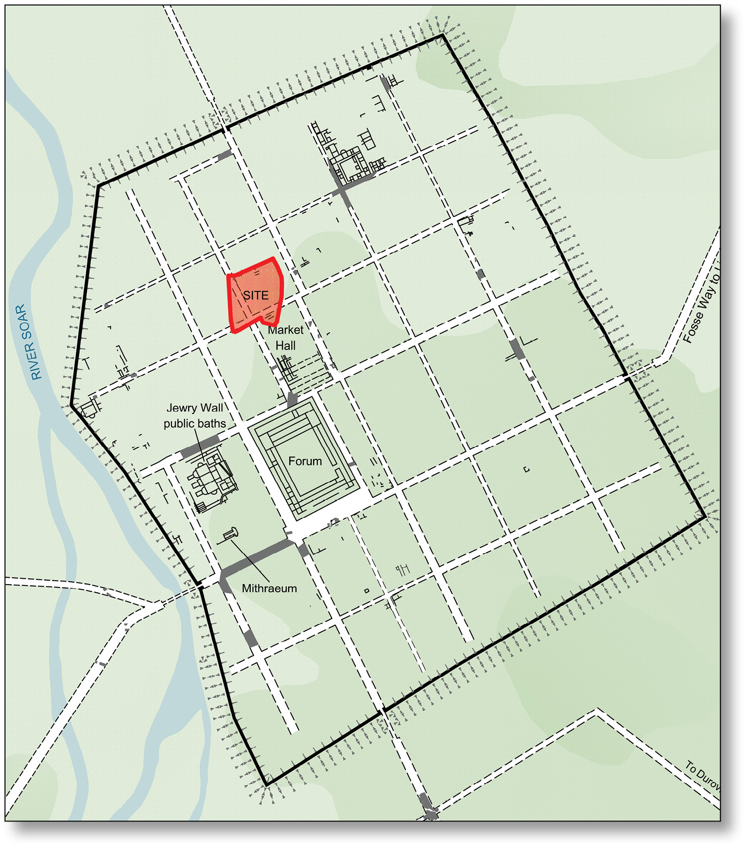 right The Stibbe site lay in the north of the Roman town, close to the forum and public baths.