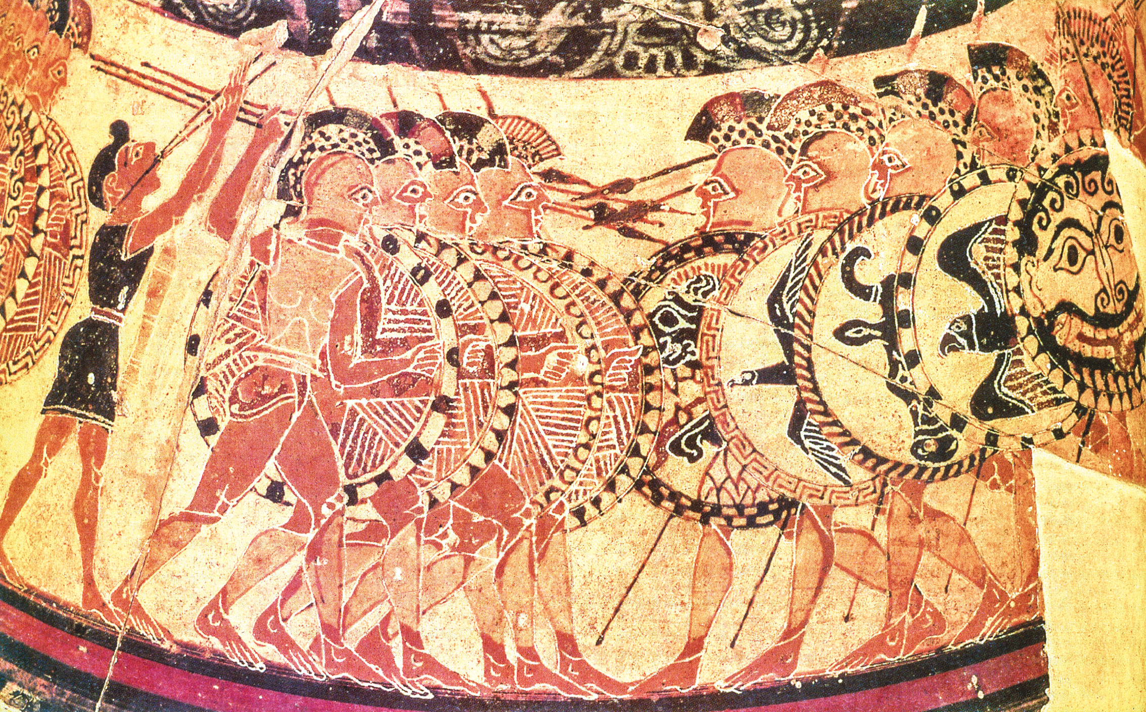 Two ways of war, the Western and the Eastern. The famous Chigi vase depicts a collision of two Greek hoplite phalanxes [ABOVE]. Glazed-tile reliefs from Susa show Persian Immortals, the imperial bodyguard, with bows and spears, and wearing relatively little armour [BELOW]. Shock action was at the centre of one military system, mobility and shooting at the centre of the other.