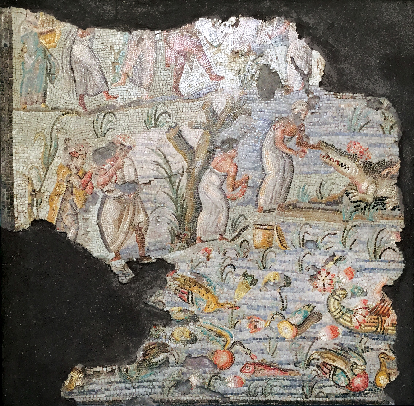 RIGHT Polychrome mosaic showing a Nilotic scene, found in 1882 in Via Nazionale. Second half of the 1st century BC.