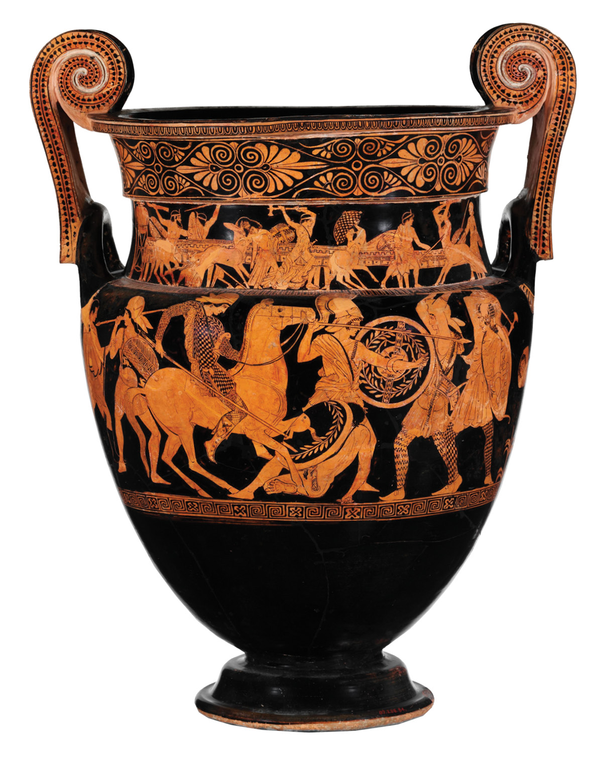 ABOVE Volute-krater showing a mythological battle between the Greeks and Amazons, attributed to the Painter of the Woolly Satyrs, c.450 BC. Amazonomachy scenes like this reflected the Athenians’ victory over the Persians in art, such as in the Painted Portico in Athens’ marketplace.