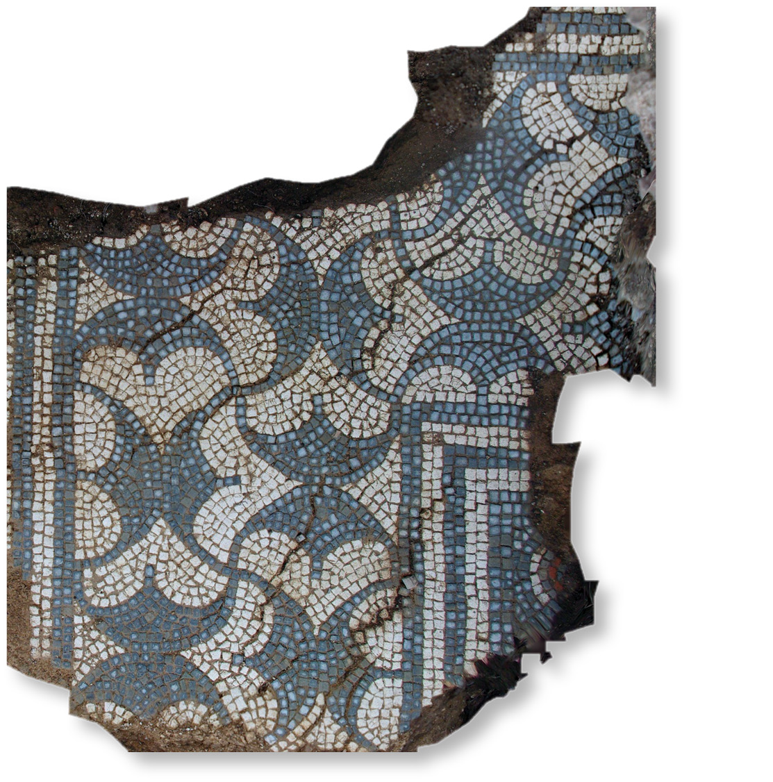 left & above The fine mosaic’s imagery included shield, or peltae, patterns (the motifs seen left, and at the top of the image above).