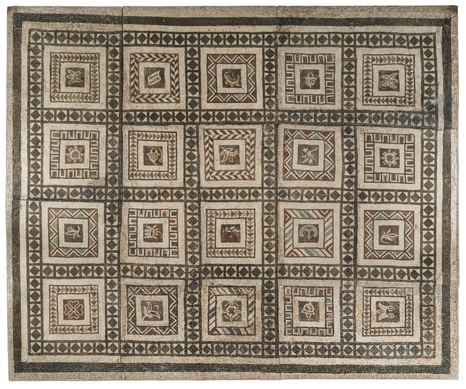 ABOVE Polychrome floor-mosaic with 20 sections, each with a different motif, found in 1886 during the demolition of the Villa Casali. Mid 1st century AD.