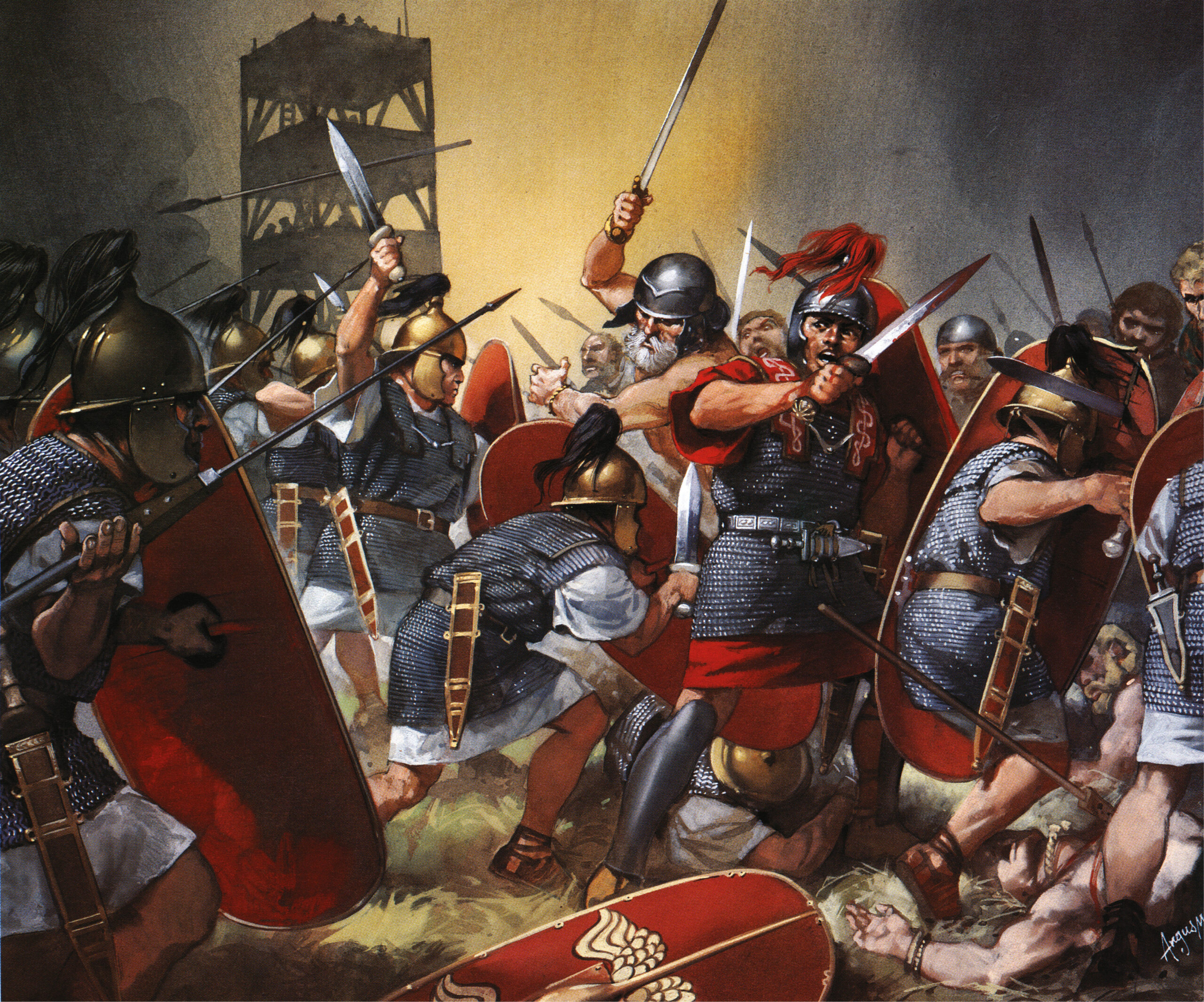 above Roman legionaries in action at the Siege of Alesia in 52 BC.