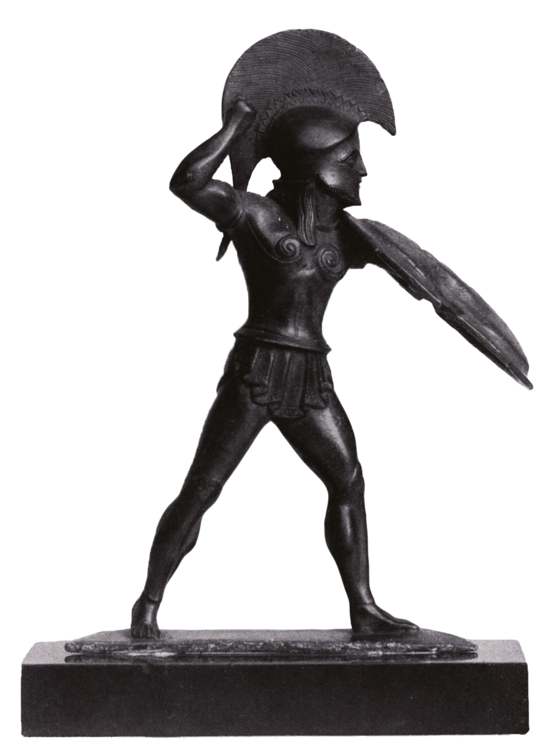Below Miniature bronze figurine of a Greek hoplite in action. right Persian Immortals, the elite bodyguard troops of the ‘King of Kings’, as depicted on glazed tiles at the Persian imperial capital at Susa. The Immortals went head to head with the Spartans at Thermopylae, but failed to break through in frontal attack.