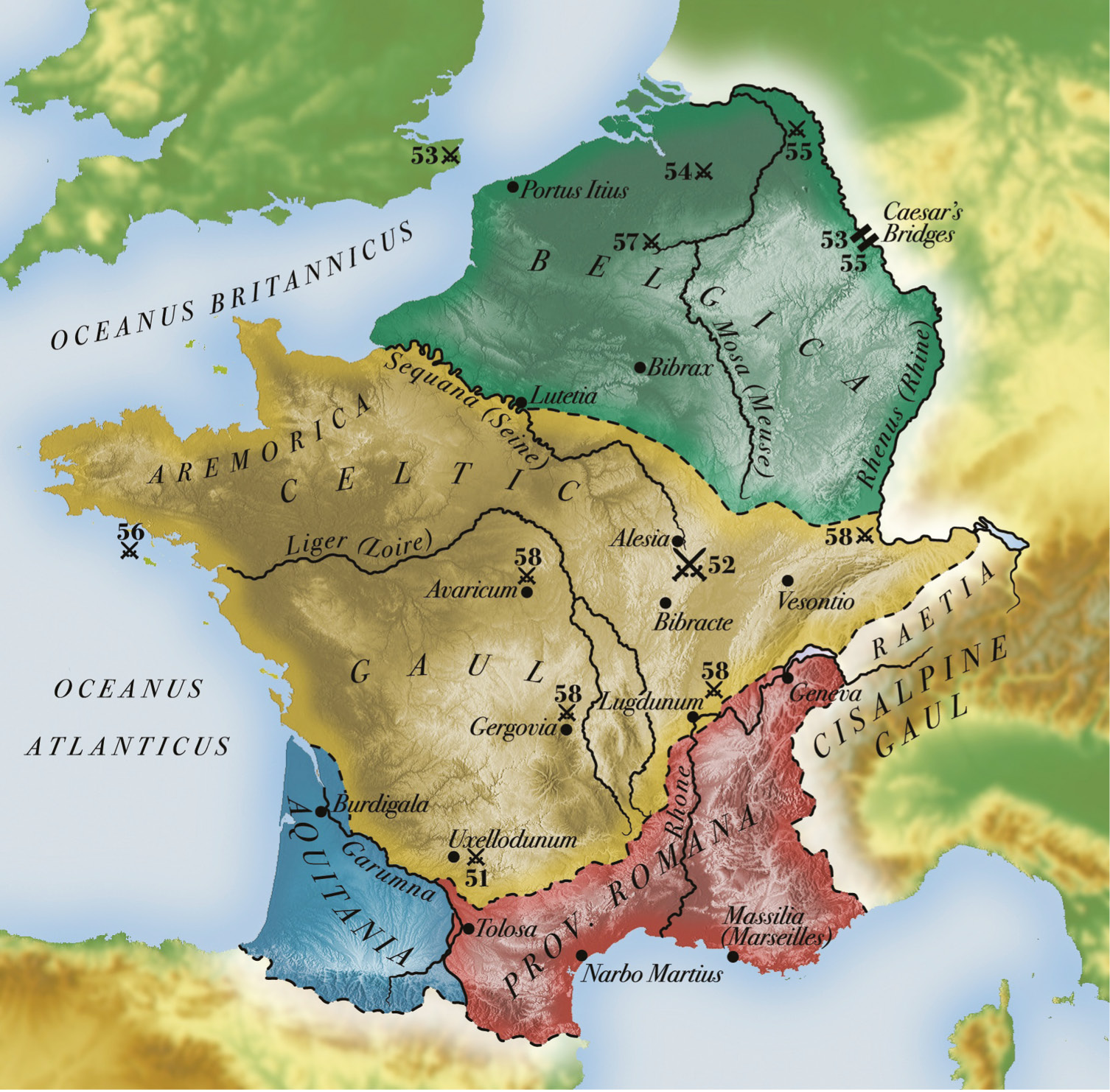 below Gaul at the time of Caesar, showing the major battle sites of the Gallic War (58-51 BC).