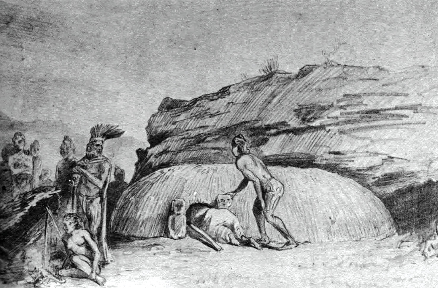 ABOVE Illustration of a ‘chief’s house’, showing diminutive moai flanking the doorway, drawn by Pierre Loti in 1872. Many diminutive moai were collected and removed from the island. This example (RIGHT), in the Father Sebastian Englert Anthropological Museum, Rapa Nui, is likely to have flanked a hare paenga doorway.