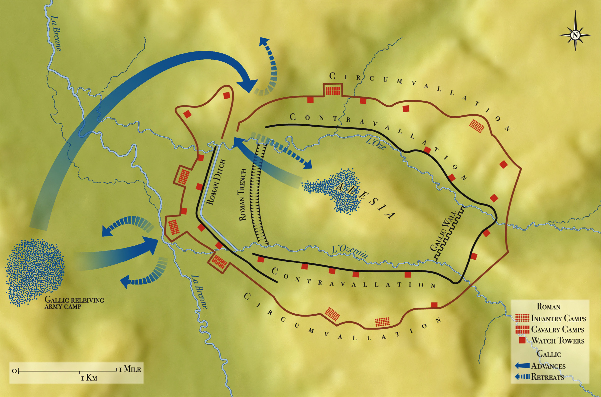 Above Plan of the Siege of Alesia, 52 BC, showing the principal Gaulish manoeuvres in the final battle.