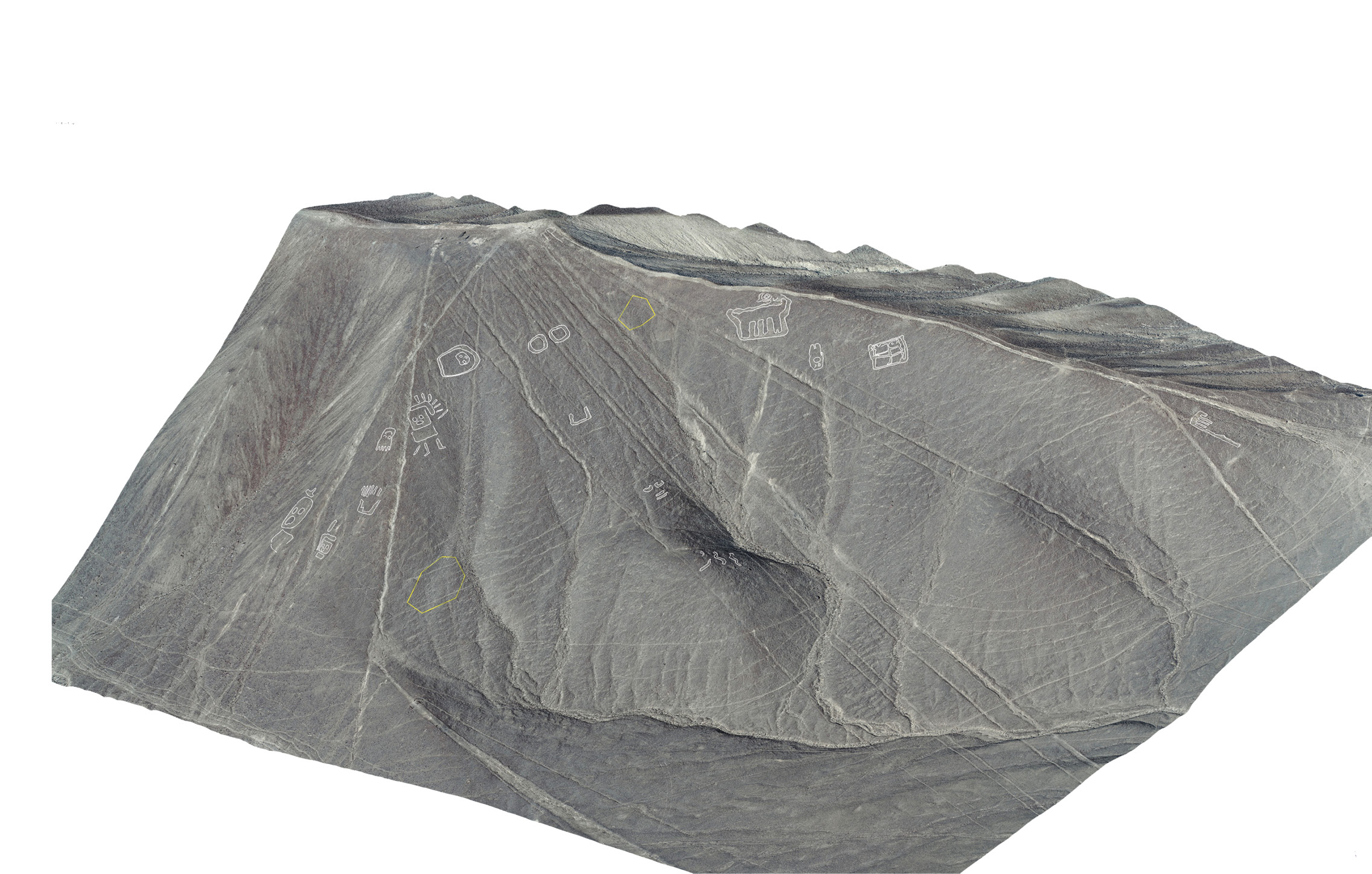 below This virtual rendering of the landscape shows Palpa figures clustering on a hill slope, where they would have been visible to terrestrial viewers. Such a setting seems to have been popular with those creating this imagery.
