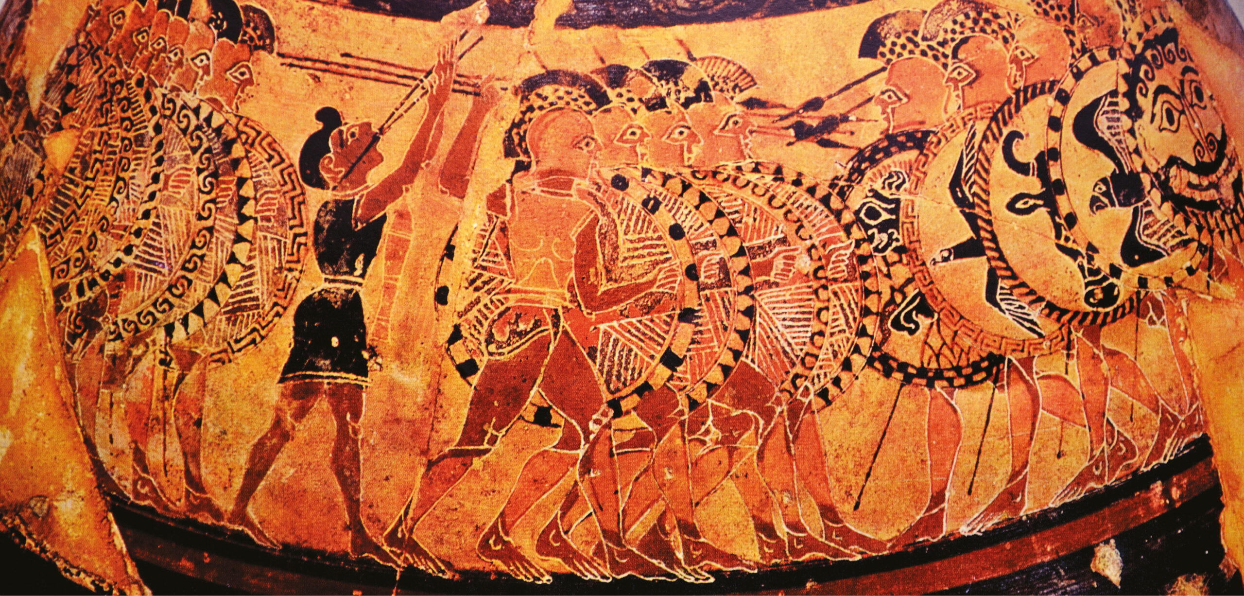 below The famous Chigi vase (a Greek vase- painting from an Etruscan tomb) shows a hoplite phalanx in motion, advancing to the music of a pipe-player.