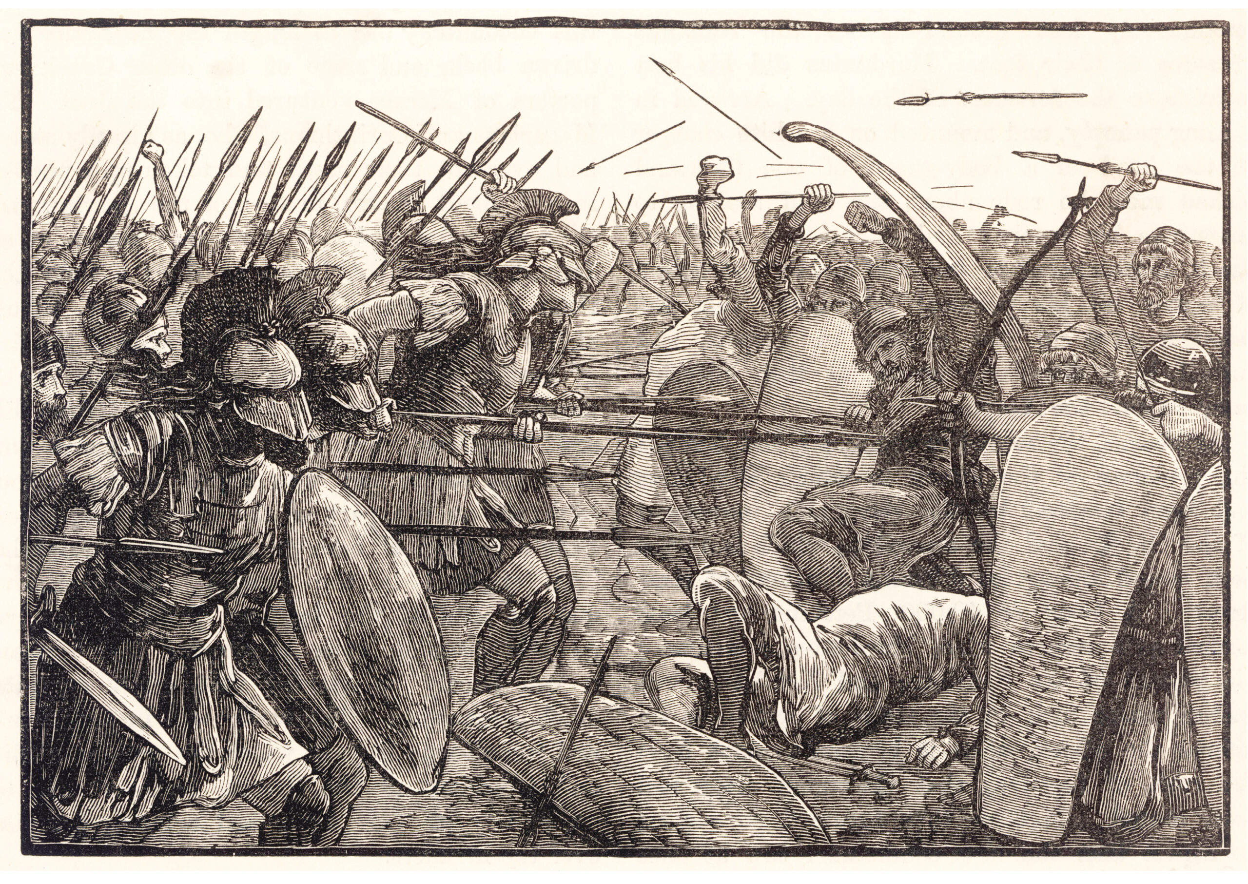 right Spartan hoplites approach the Persian wicker-shield barricade.