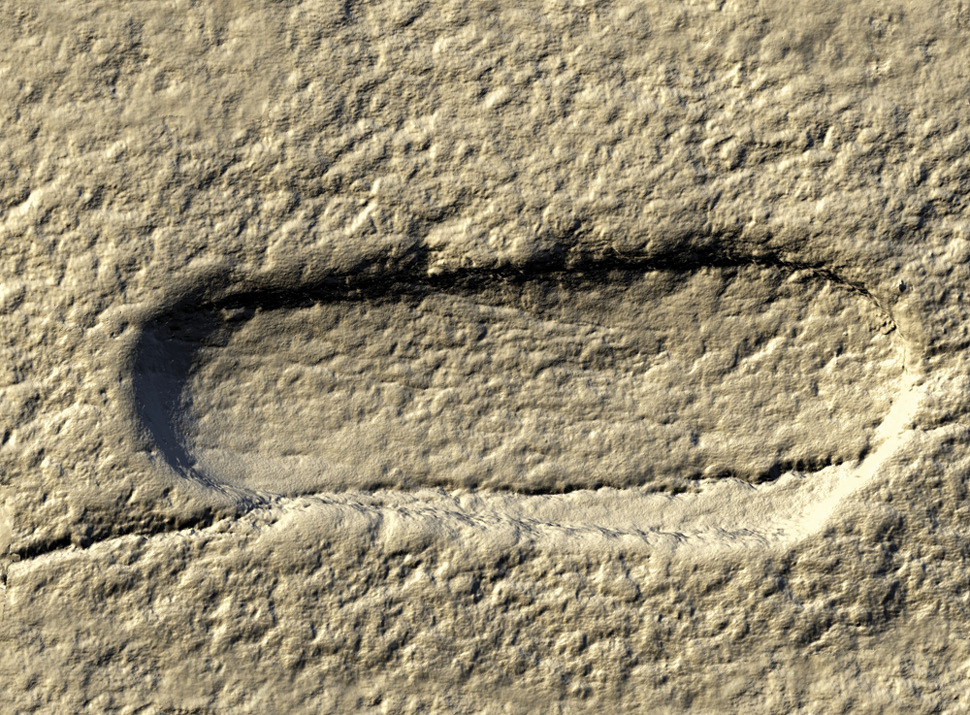 below Laser-scan data from HES’ Digital Documentation Team can be used to show particular elements in detail, such as the rock-cut footprint on top of the hillfort at Dunadd.